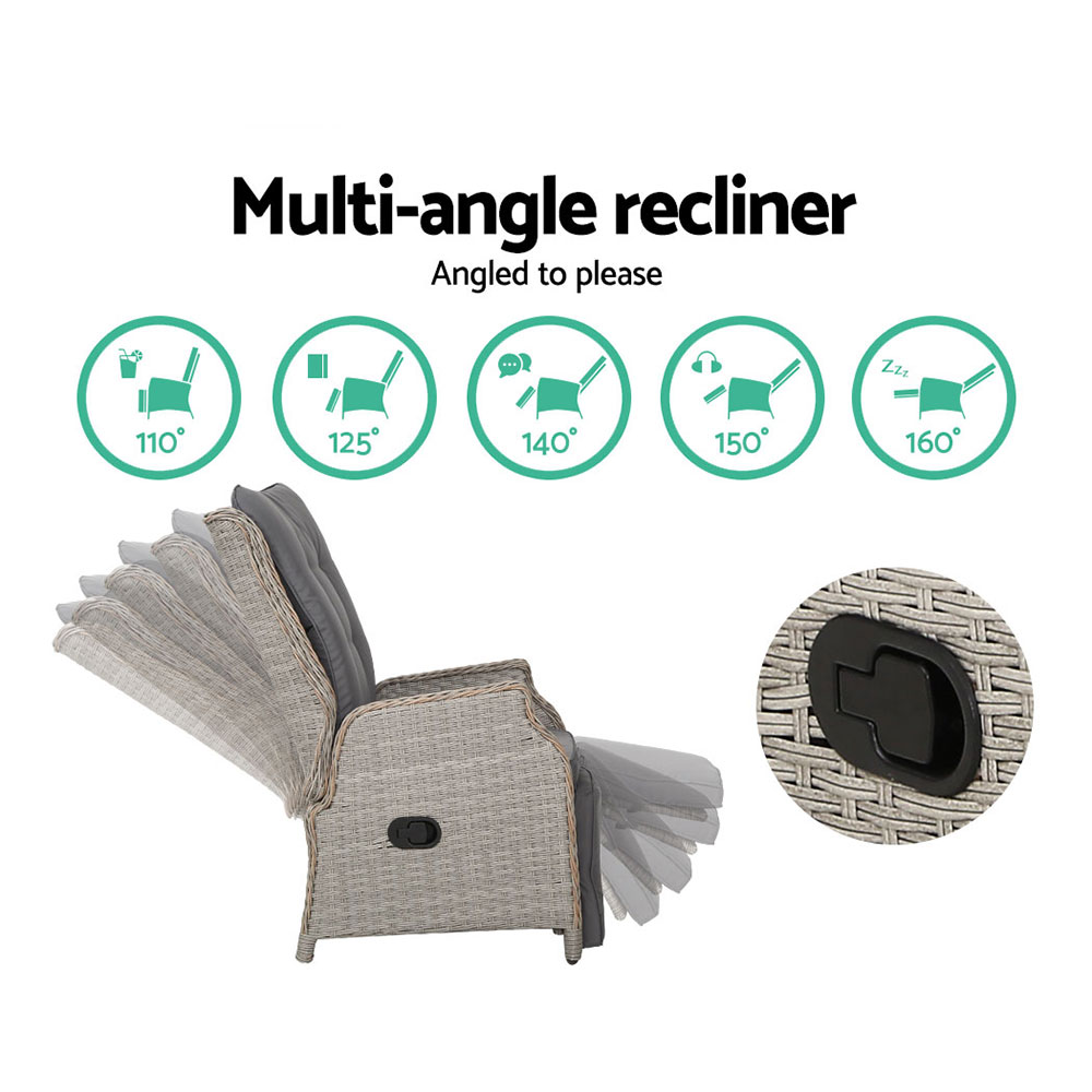 Gardeon 2PC Recliner Chairs Sun lounge Wicker Lounger Outdoor Furniture Adjustable Grey — image 5