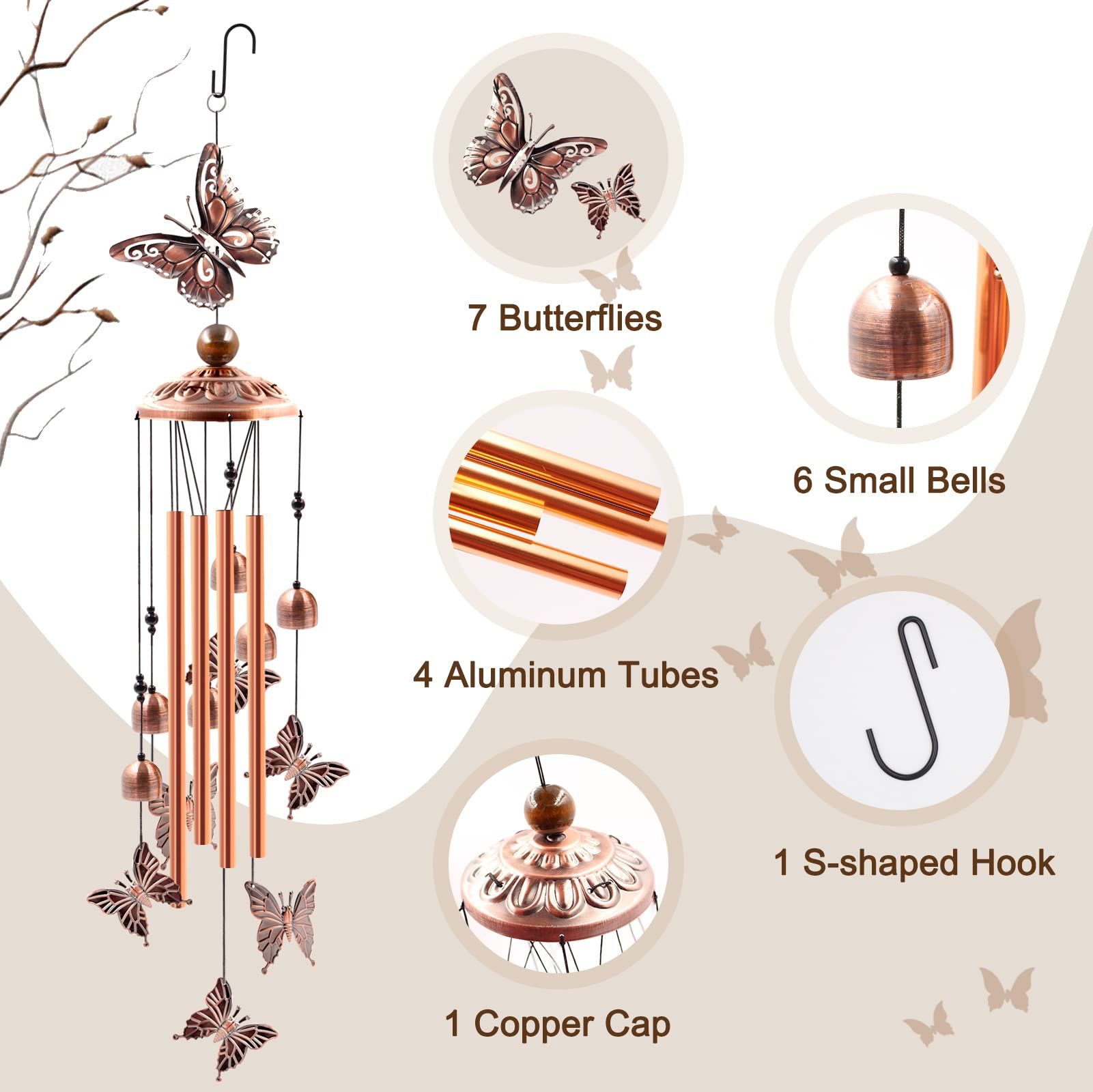 Wind Chimes Outdoor Clearance, Butterflies Aluminum Tube Windchime with Hook,Patio Garden Decor, Housewarming Gift — image 2
