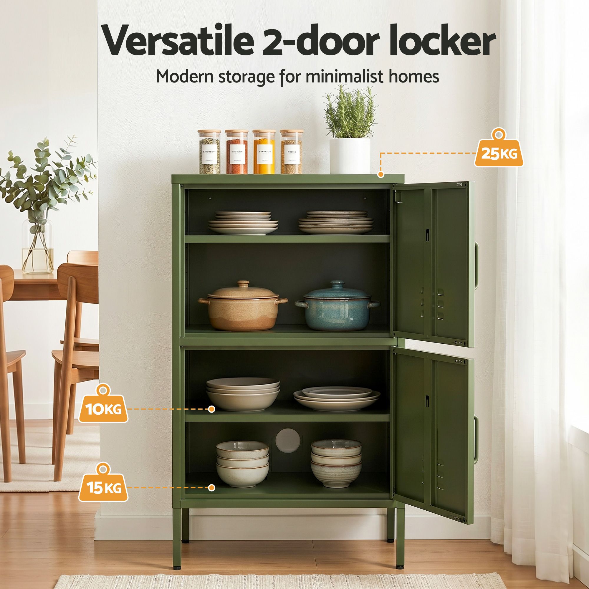 Artiss 2x Buffet Sideboard Cabinet Storage Cupboard 2 Doors Metal Green DOUBLE โ image 5