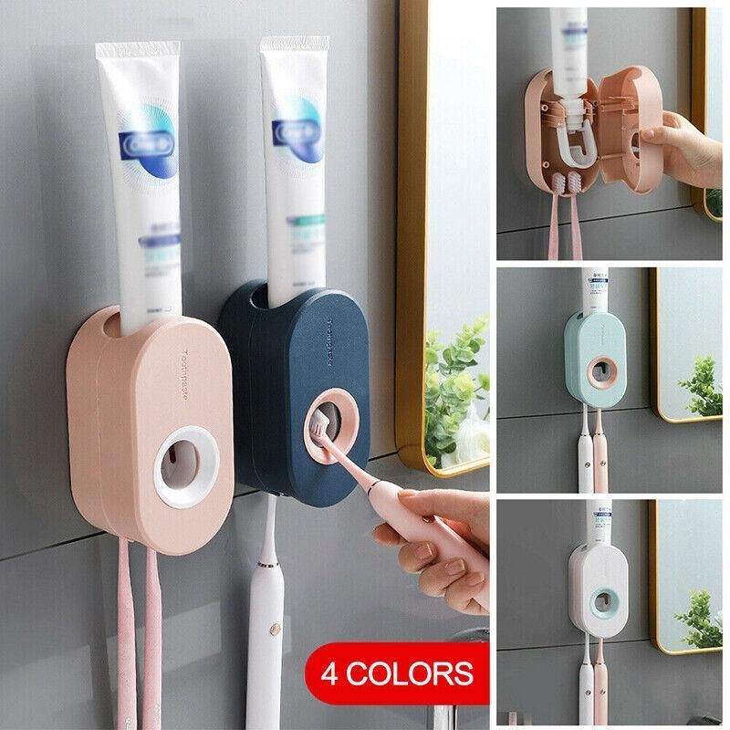 Automatic Toothpaste Dispenser Bathroom Wall-Mounted Rack Toothbrush Holder - Pink โ image 5
