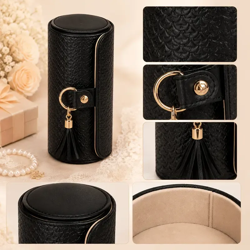 ✨ Travel Jewellery Organizer Case | Textured PU Leather with Tassel | 3 Compartments for Rings, Earrings & Necklaces | Compact Gift for Her/BLACK — image 2
