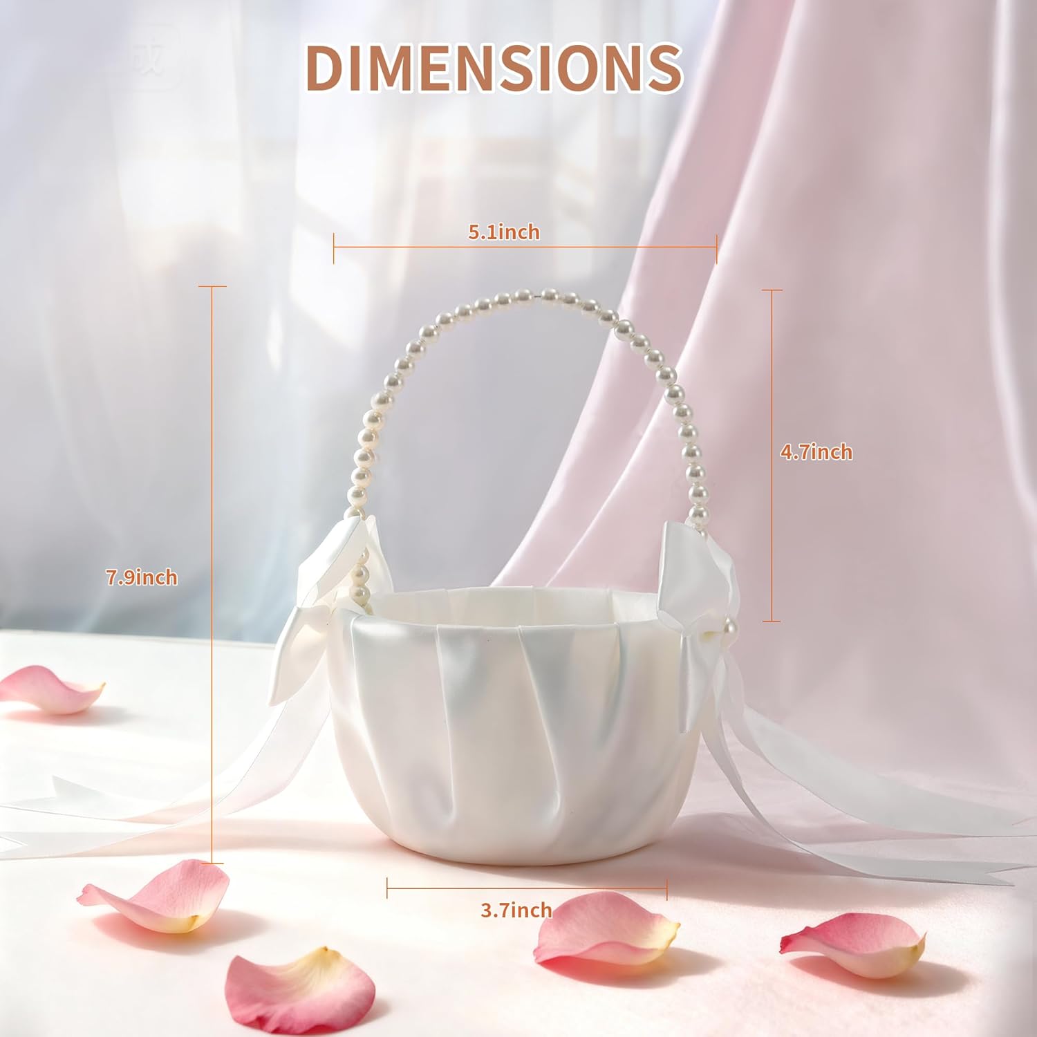 Wedding Flower Girl Basket - Elegant Pearl Handle with Bow Decoration, Ivory Color - 5.1" Diameter, Perfect for Flower Girls, Weddings, and Parties — image 2