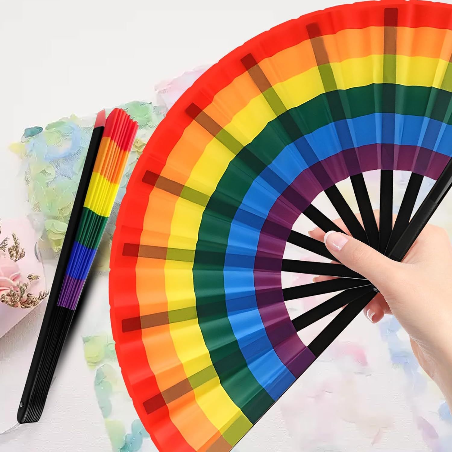 2 Pack Rainbow Folding Hand Fans, Colourful Clacking Rave Fans for Pride Events, Parades, Festivals, Parties, Dance and Costume Accessories — image 6