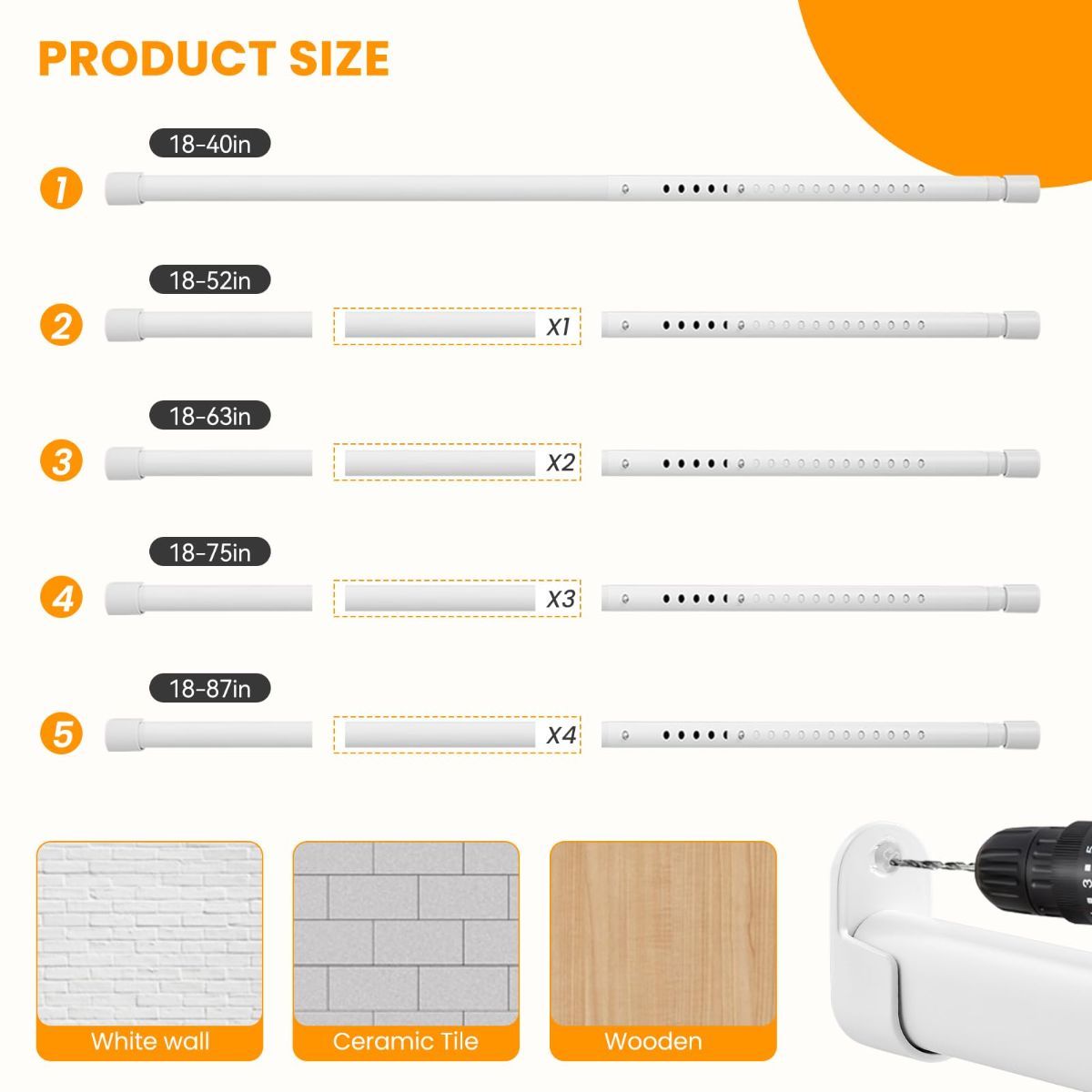 18-52" Oval Closet Rod for Hanging Clothes Adjustable Closet Rods Heavy Duty Black Poles Bar Closet Rod Expandable for Wardrobes Laundry RV - White — image 4