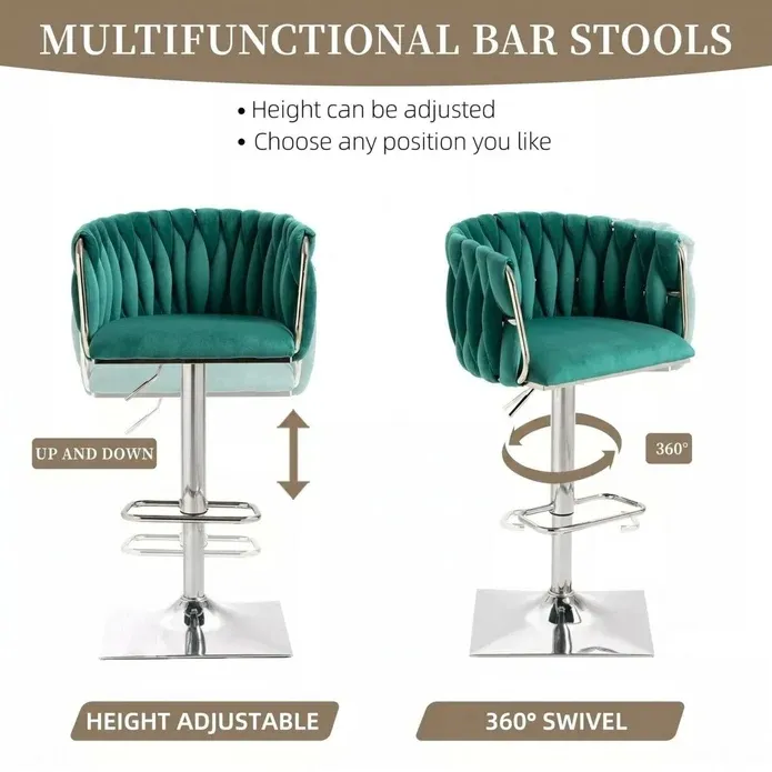 SERENITà Modern Velvet Breakfast Bar Stools Swivel Barstools Adjustable Counter Stools with Backrest (Silver-Emarald Green) — image 4