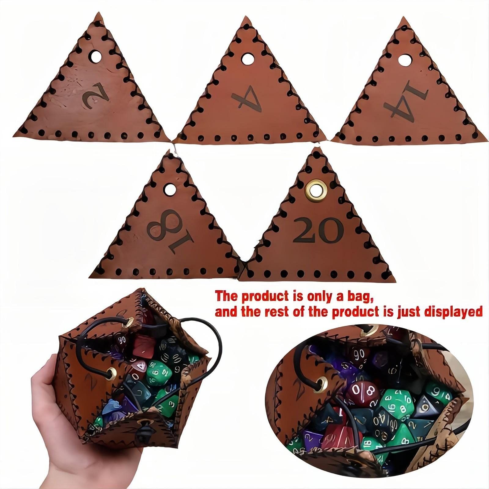 Leather D20 Dice Bag, Polyhedral Dice Pouch Portable Drawstring Bag for RPG,Game,DND Dice Bag, Brown — image 4