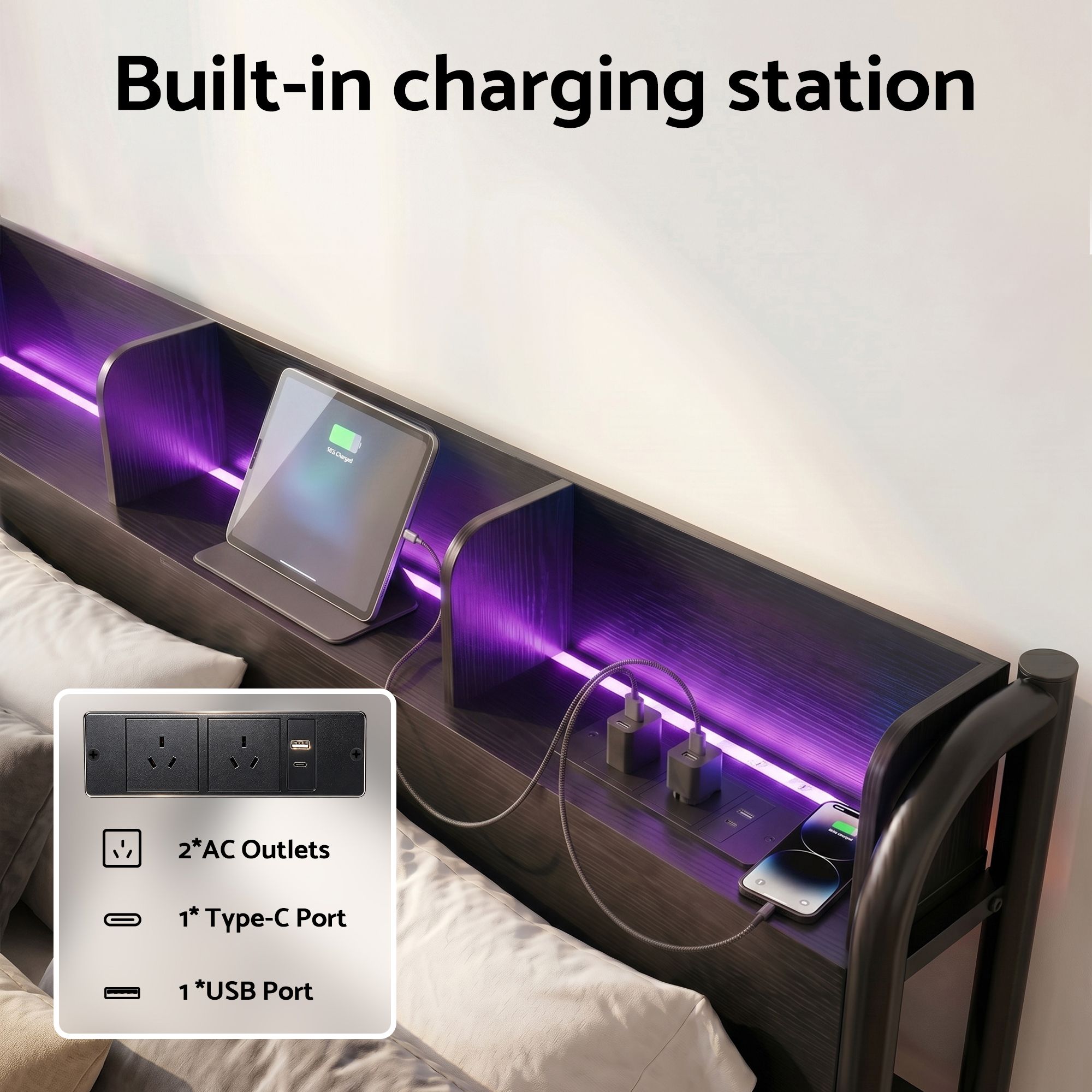 Artiss Bed Frame Single Size with Storage Shelf Headboard Charging Station GRID — image 4