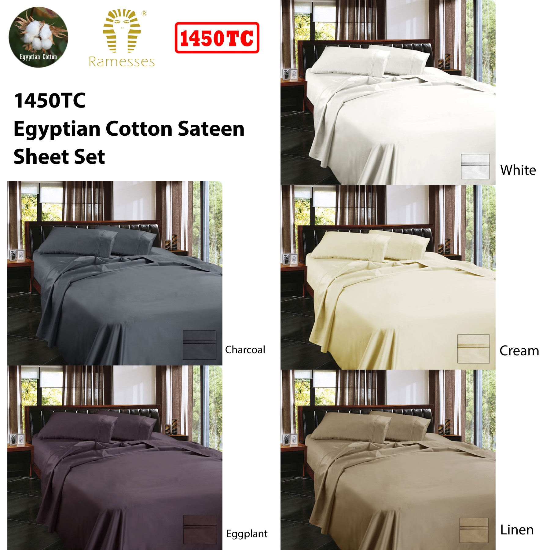Ramesses 1450TC Egyptian Cotton Sateen Sheet Set Cream King โ image 2