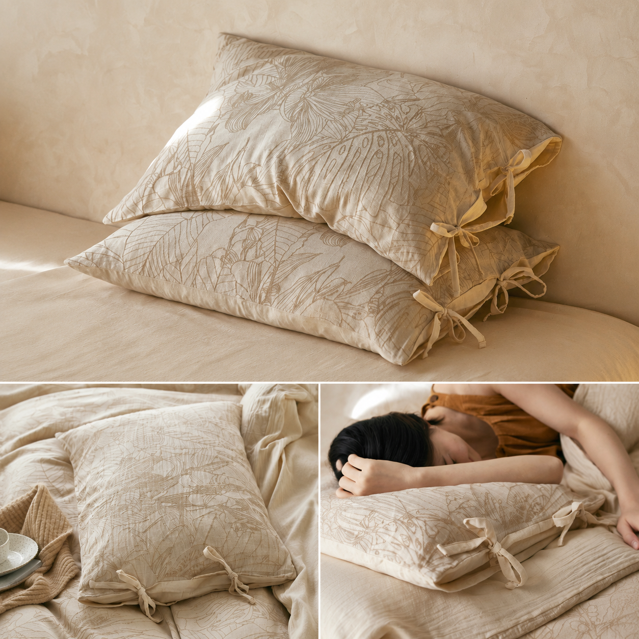 Linen Cotton Pillowcase Pair with Tie Closure Floral Pillow Covers 48x74cm (Style 2) โ image 2