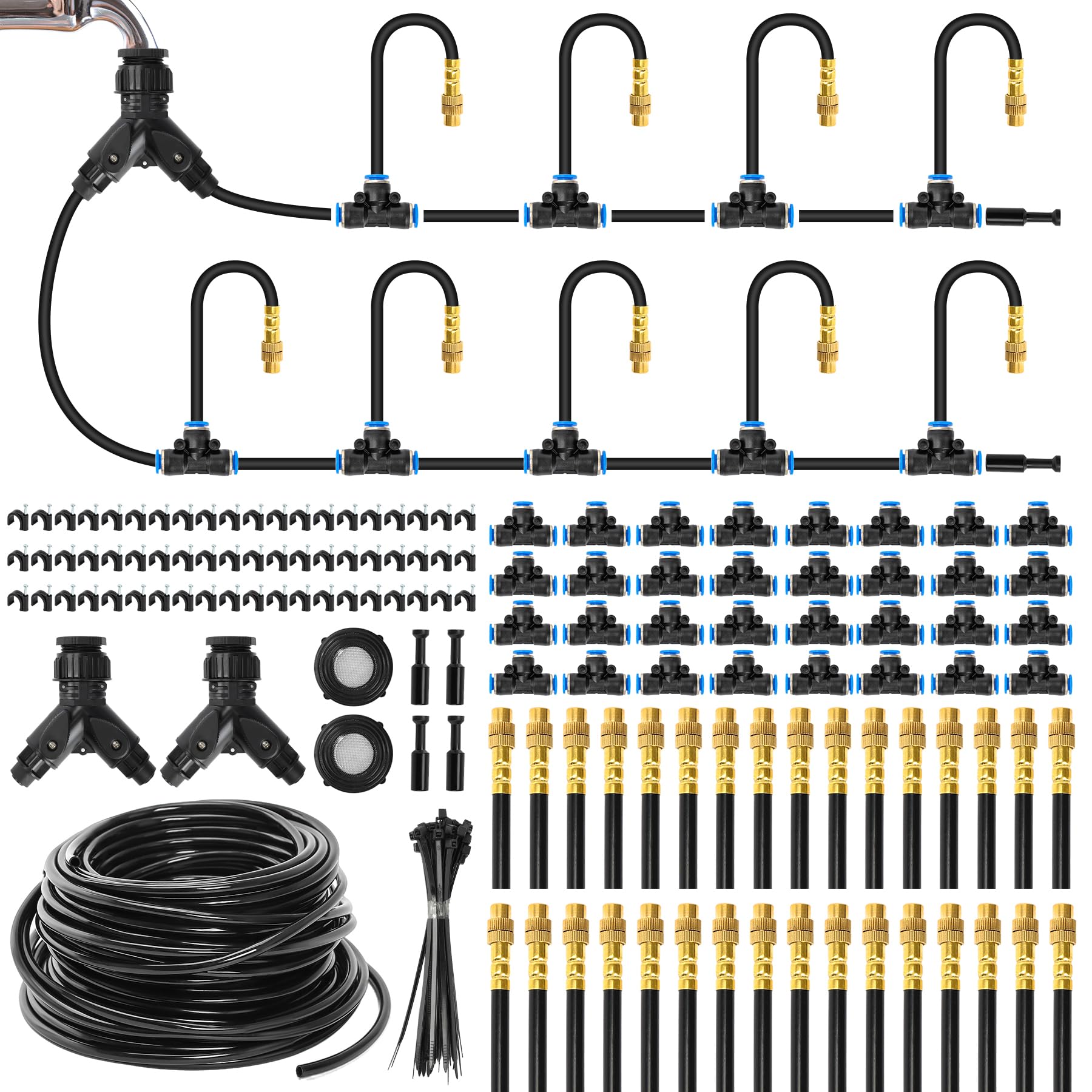 200Ft 1/4" Drip Irrigation System,Garden Irrigation Kit with 32pcs Adjustable Copper Nozzles,Automatic Atomizing Watering System for Outdoor Plants,Raised