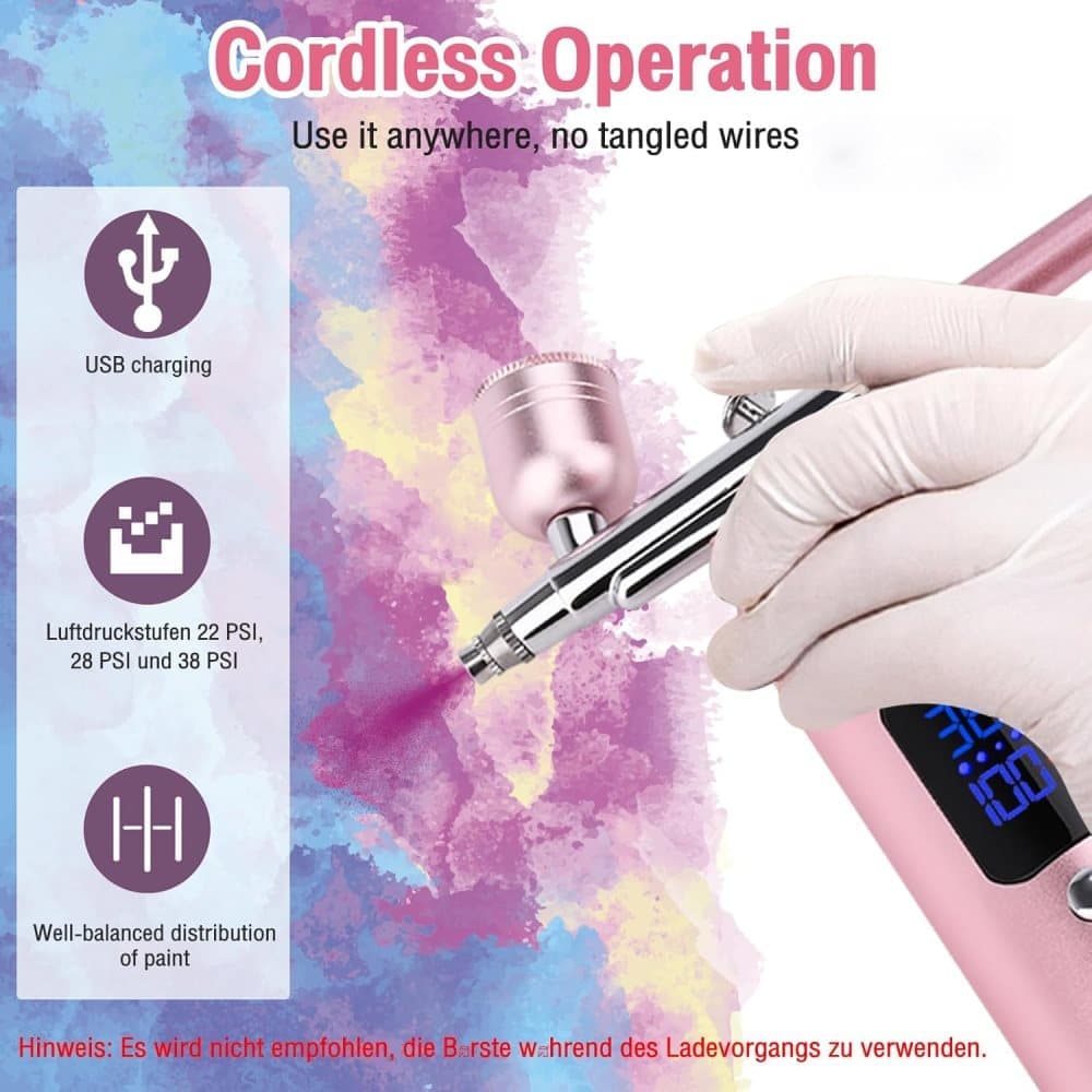 Wireless Airbrush Machine with USB Charging 3 Speed Modes for Nail Art Cake Decorating and Painting, Pink — image 2