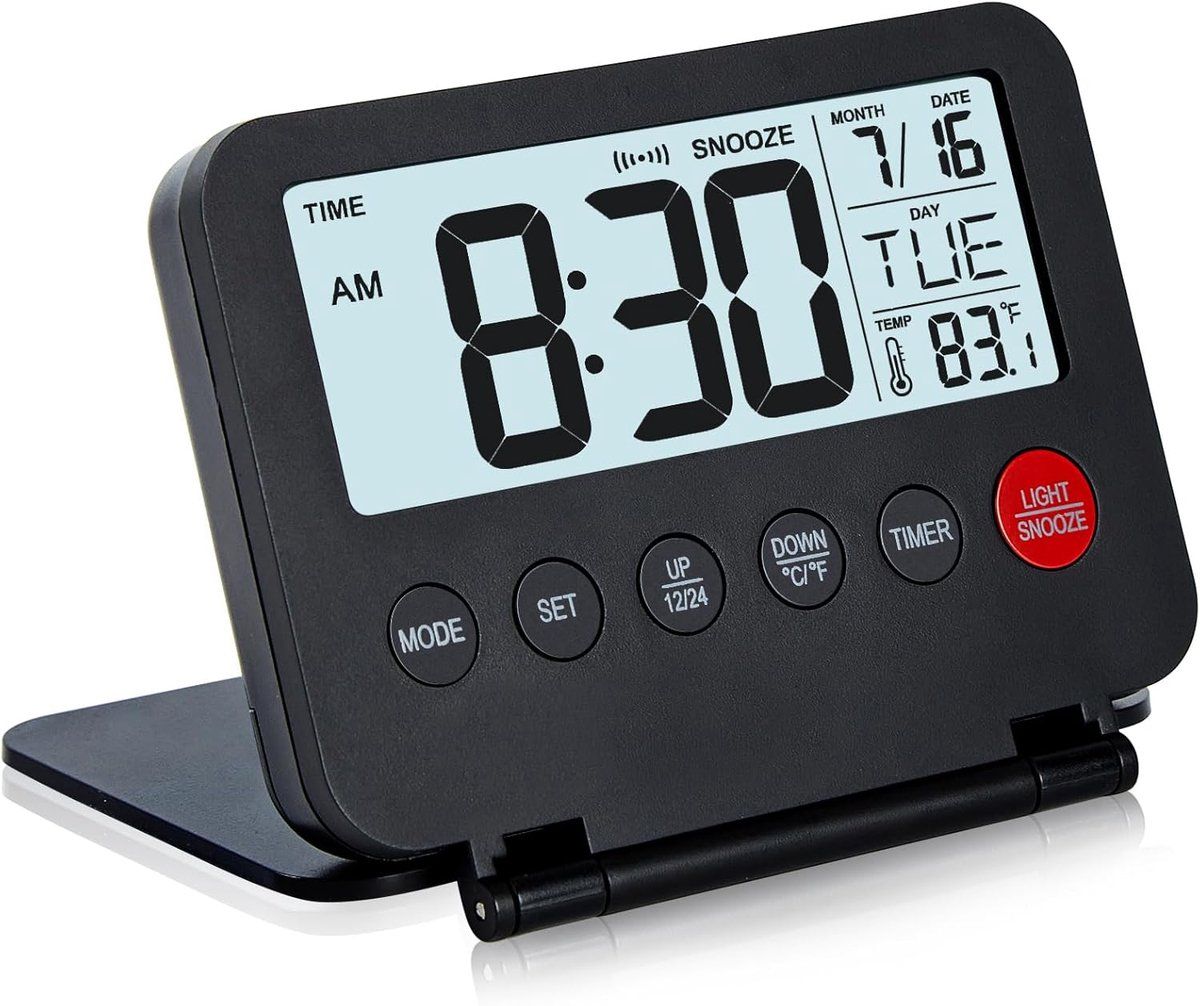 Clock Radio, Small Digital Travel Alarm Clock, Button on Front Displays Date and Temperature, for Home and Office Use Black
