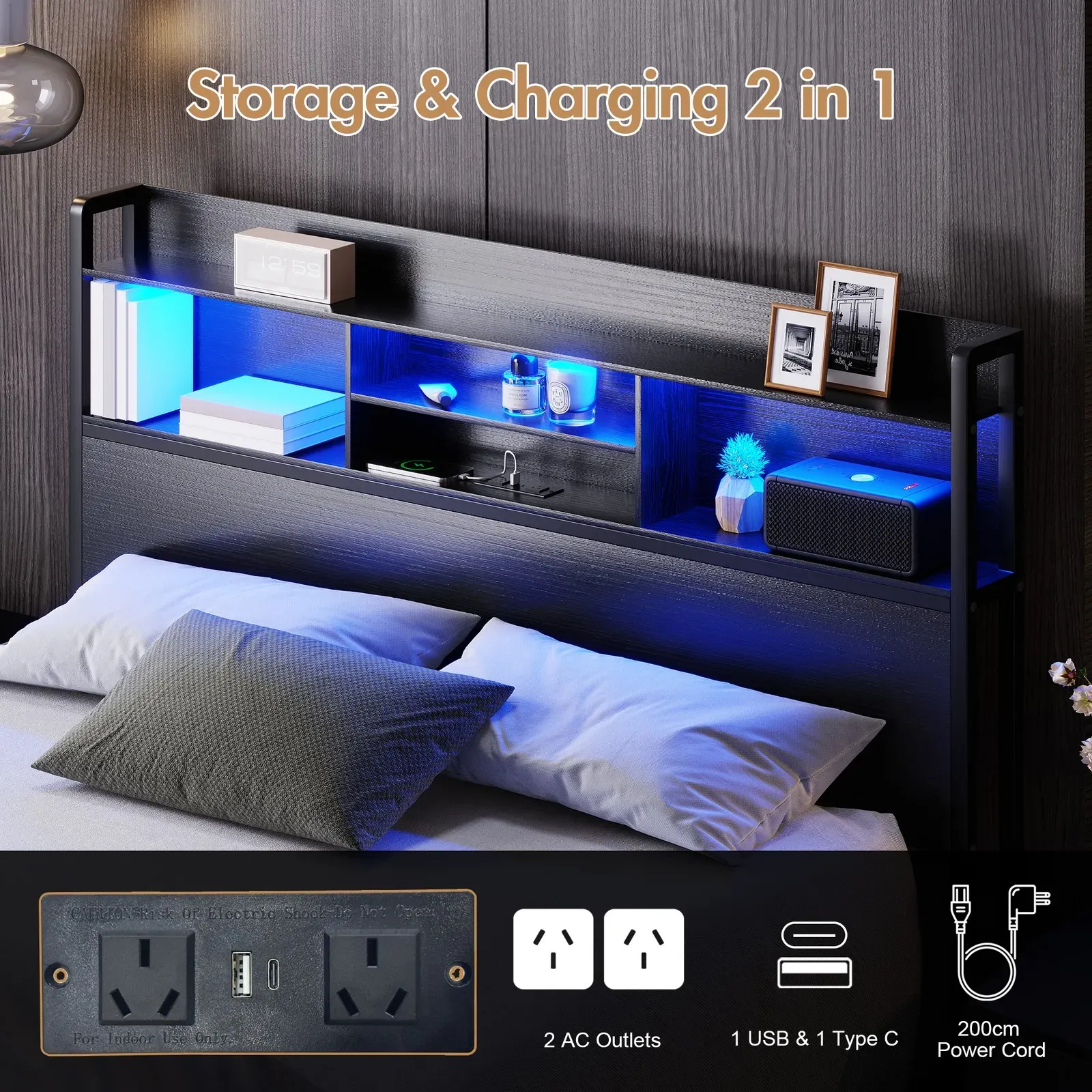 Double Black LED Bed Frame with 2 Storage Drawers and Charging Station โ image 2