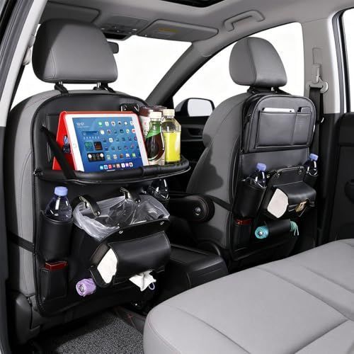 3.15"D x 17.7"W x 25.2"H Universal Premium Leather Foldable Car Backseat Organizer with Table Tray, Car Seat Back Protector with Garbage Bag Touch — image 2