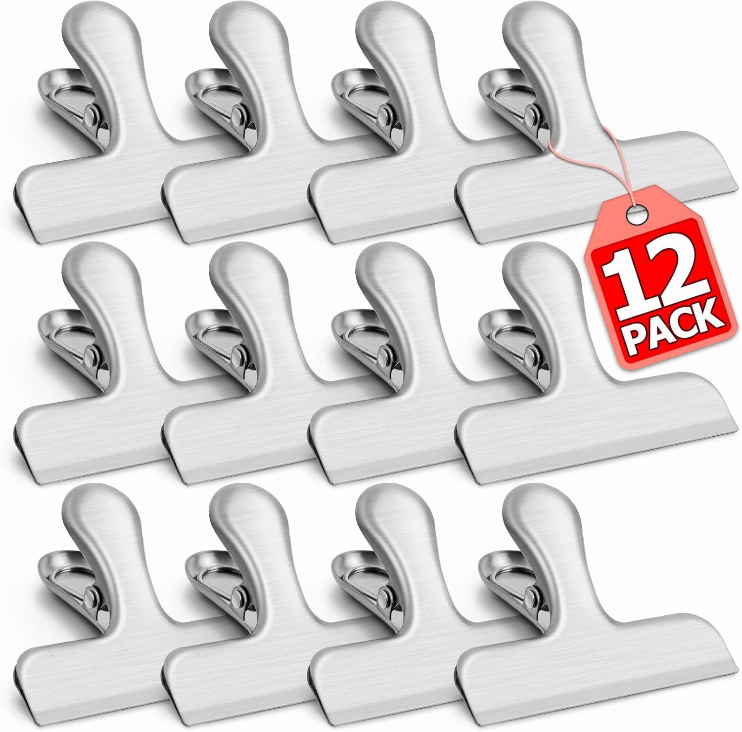 12 Pack Stainless Steel Chip Clips, Bag Clips for Food, Heavy Duty Snack Clip Metal Clip to Seal Coffee Bags, Ideal for Office and Kitchen Use, Binder Clip