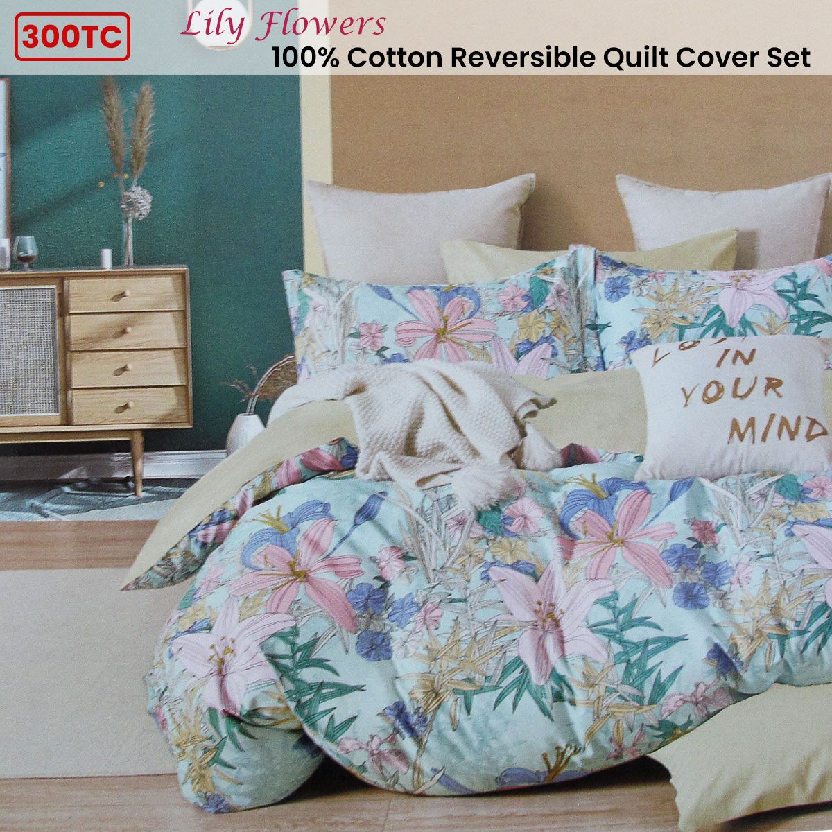 300TC Lily Flowers Multi Reversible Cotton Floral Quilt Cover Set Queen โ image 2