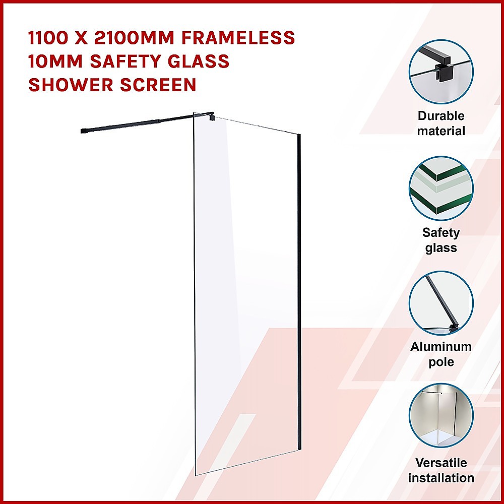 1100 x 2100mm Frameless 10mm Safety Glass Shower Screen โ image 3
