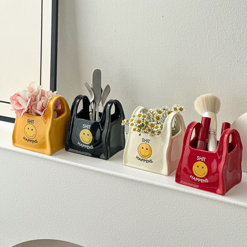 Yellow Ceramic Mini Tote Bag Pen Holder - Creative Desktop Storage Organizer for Makeup Brushes, Remote Controls and Stationery, Cute Smiley Decorative โ image 4