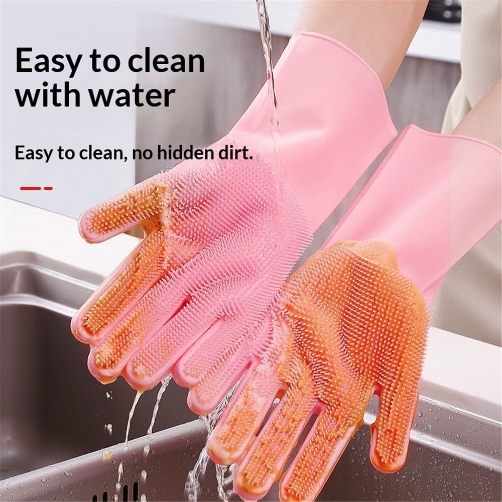 2 pairs Silicone Dishwashing Gloves, Pet Grooming Rubber Scrubbing for Dishes, Heat-proof Household Scrubber Gloves(pink) — image 3