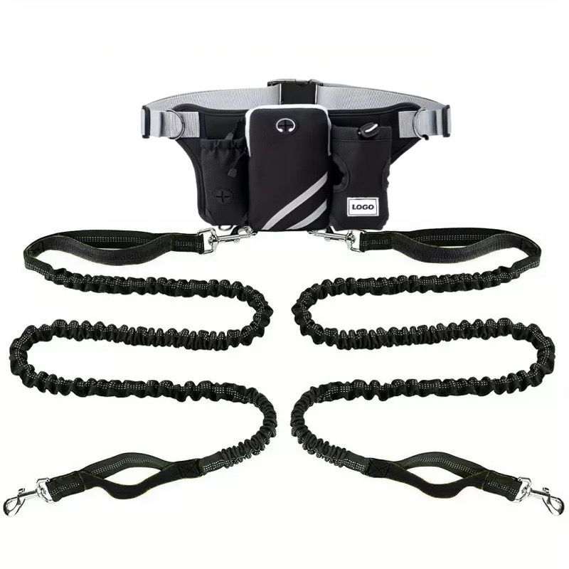 Hands-Free Dual Dog Leash Waist Pack for Running, Walking, and Hiking – Adjustable Oxford Belt with Reflective Strips, Shock-Absorbing Bungee Leashes, 360°