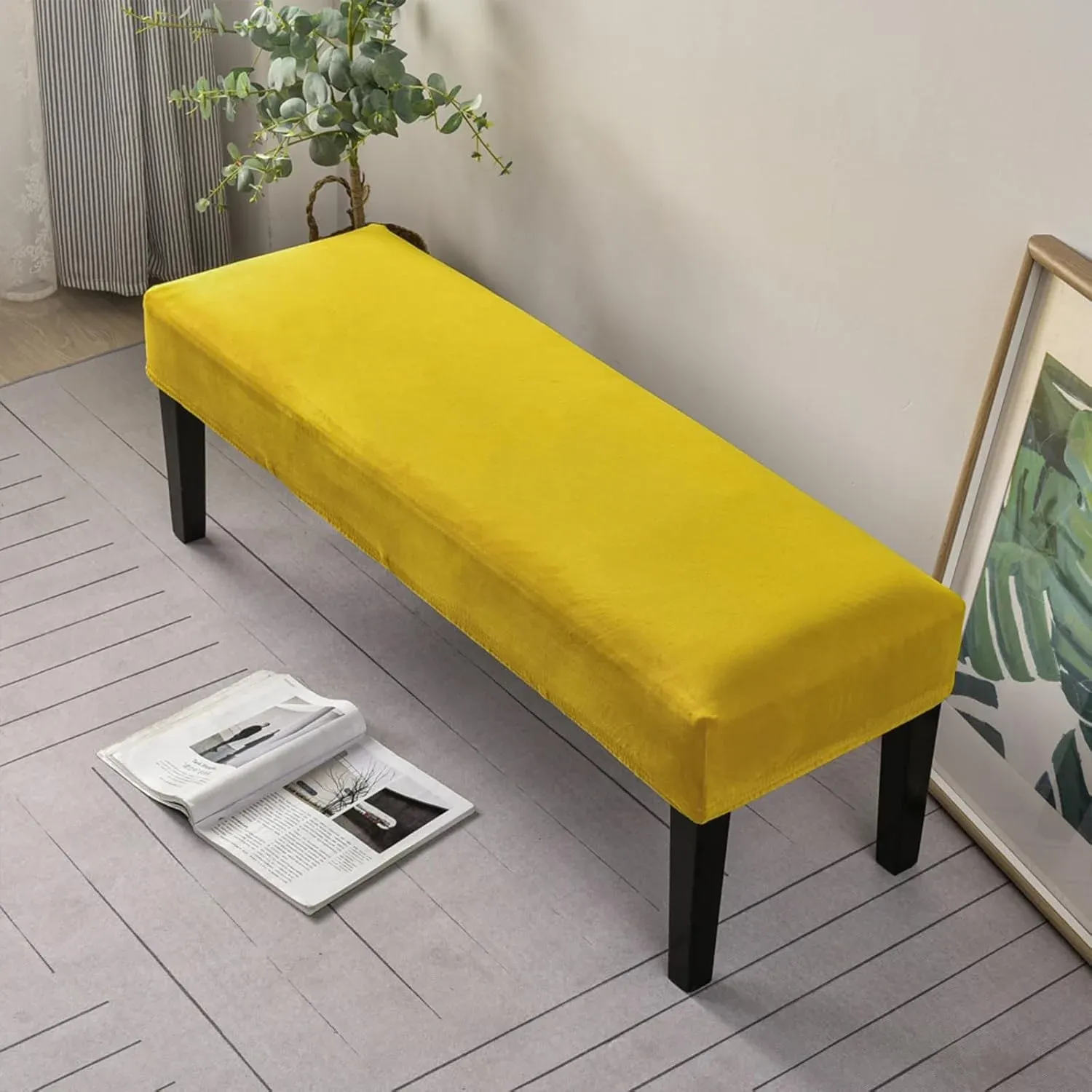 Dining Bench Cover, Stretch Velvet Washable Seat Protector for Dining Room, Yellow 42-55 In