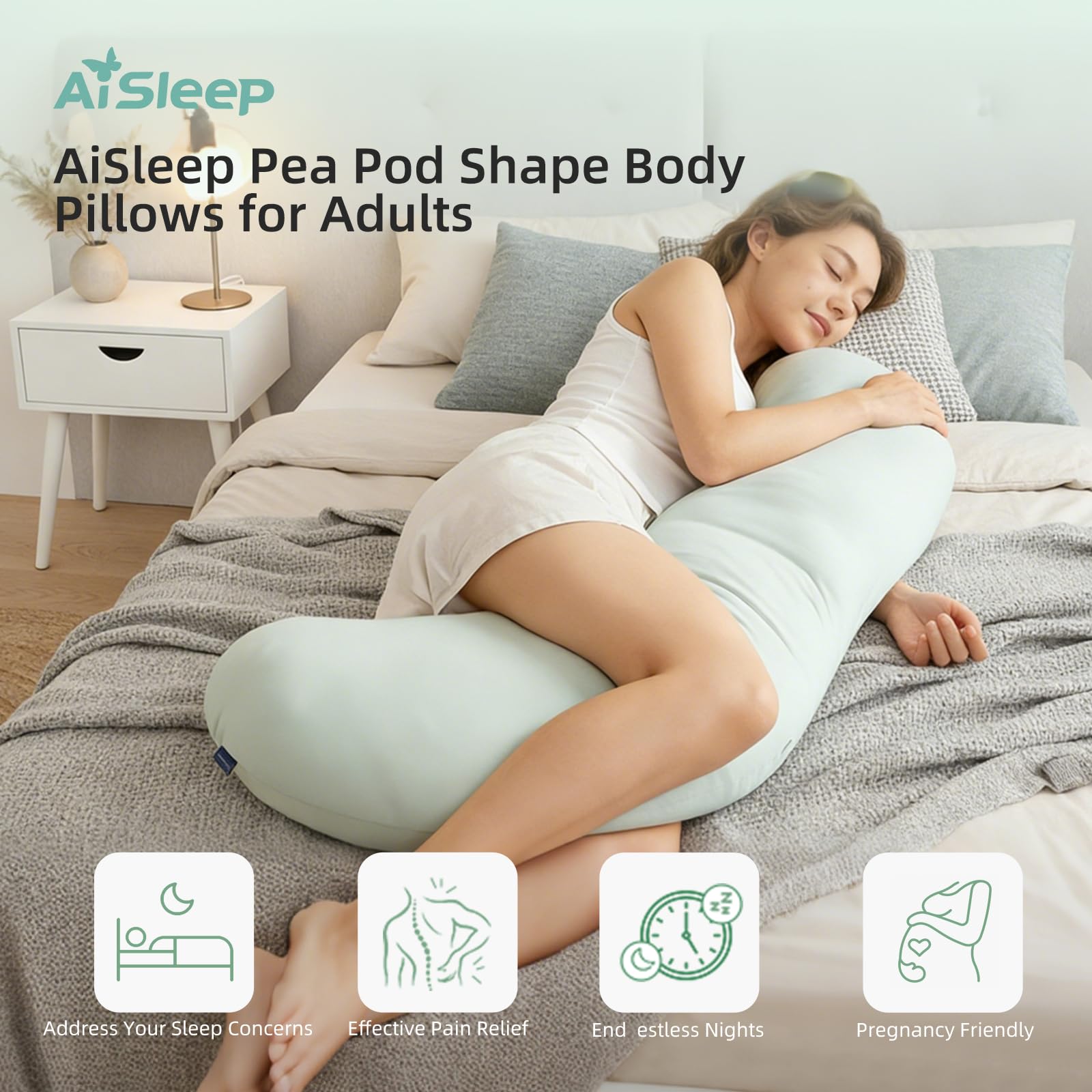 Pea Pod Shape Body Pillow for Adults – Full-Body Support Side Sleeper Pillow, Pregnancy & Back Pain Relief, Soft Hug Pillow with Memory Fiber Filling (Light — image 2