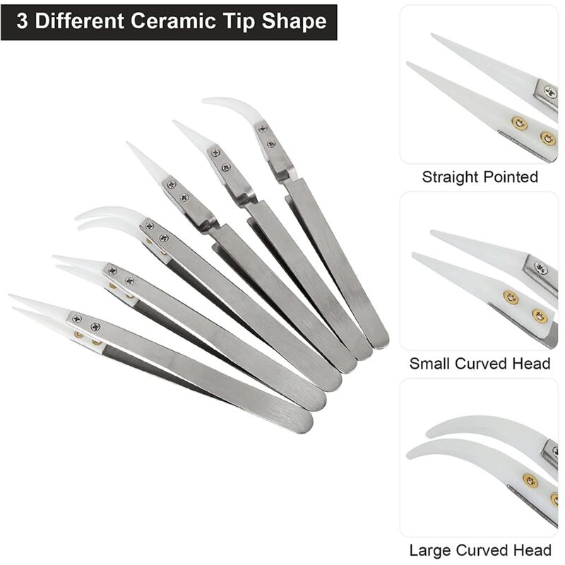 Precision Ceramic Inverted Soldering Tweezers 6pcs Non-conductive Antimagnetic with Pointed Curved Tips — image 2