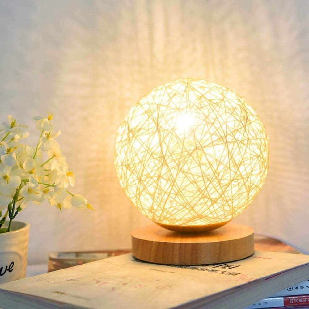 LED Table Lamp Bedside Lamp USB Powered Rattan Ball Lamp Creative Birthday Gift Bedroom Home Bookroom (Dia-15cm Dimmable, Beige) — image 3