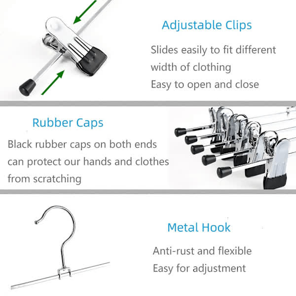 40cm Chrome Iron Clothes Hangers with Non-Slip Clips, 10-Pack Metal Trouser Hangers for Pants Shorts Skirt Socks Underwear, Silver — image 3