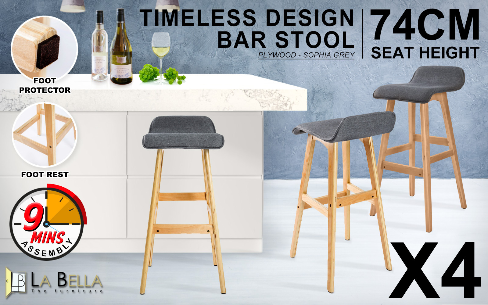 4X Wooden Bar Stool Dining Chair Fabric SOPHIA 74cm GREY — image 2
