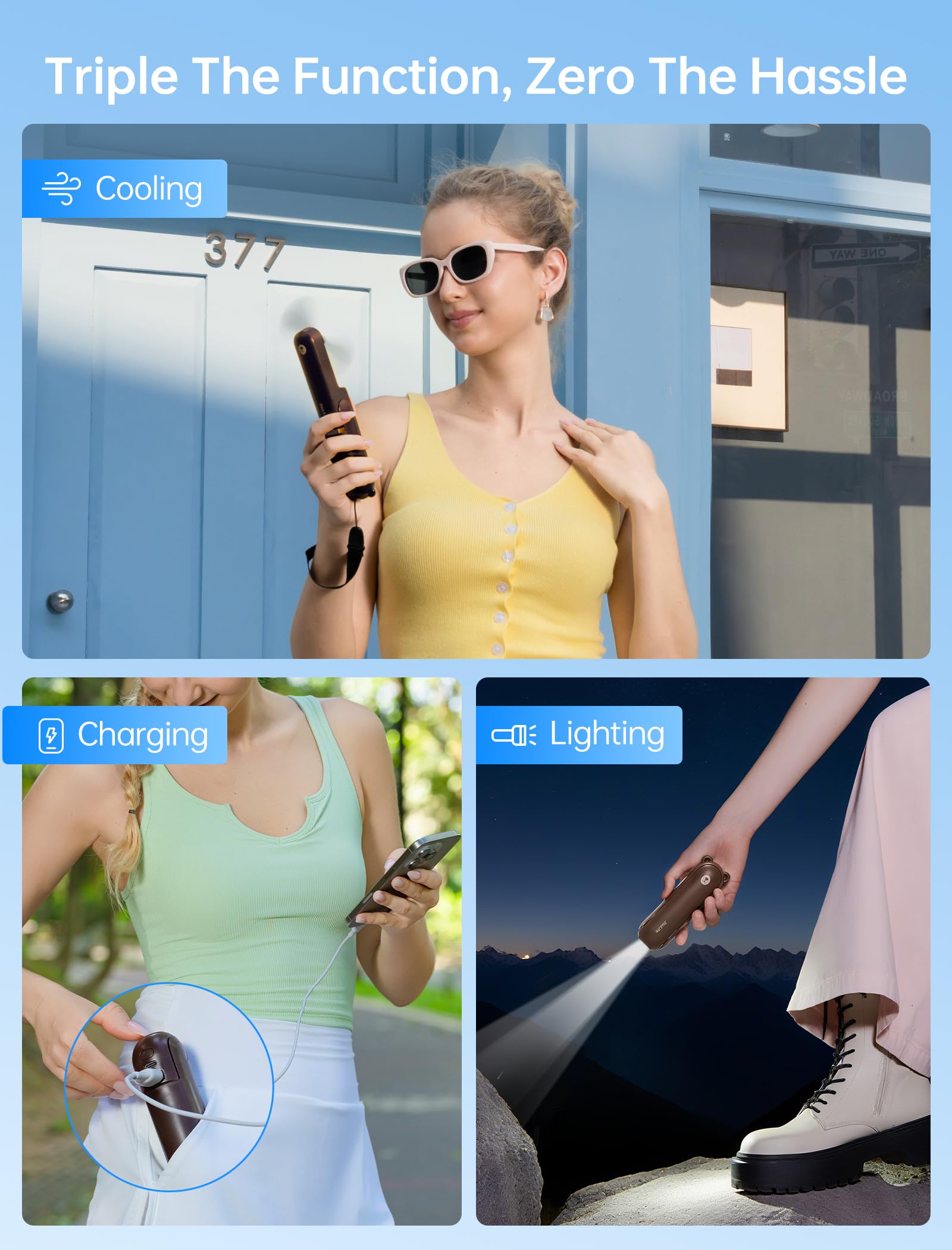 Handheld Mini Fan (Brown), 3-in-1 USB Rechargeable Portable Fan with Power Bank & Flashlight, Pocket Design for Travel & Summer โ image 2