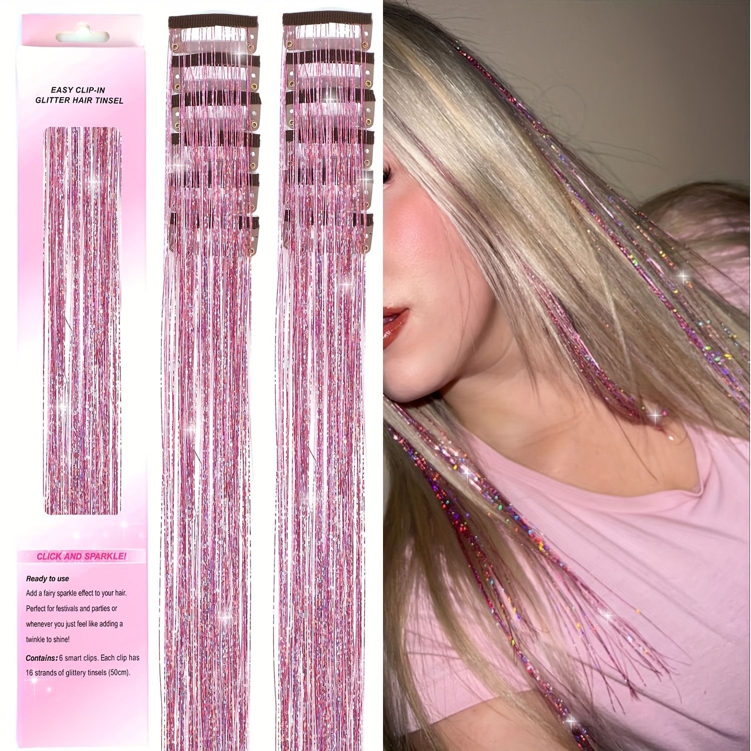 12Pcs Hair Tinsel Clip In 20Inch Fashion Glitter Tinsel Synthetic Straight Hair Extensions Clip In Hair Tinsel Kit Heat Resistant Shiny Sparkle Fairy β image 5