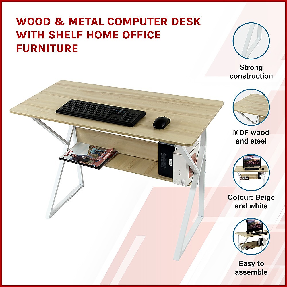 Wood & Metal Computer Desk with Shelf Home Office Furniture — image 3