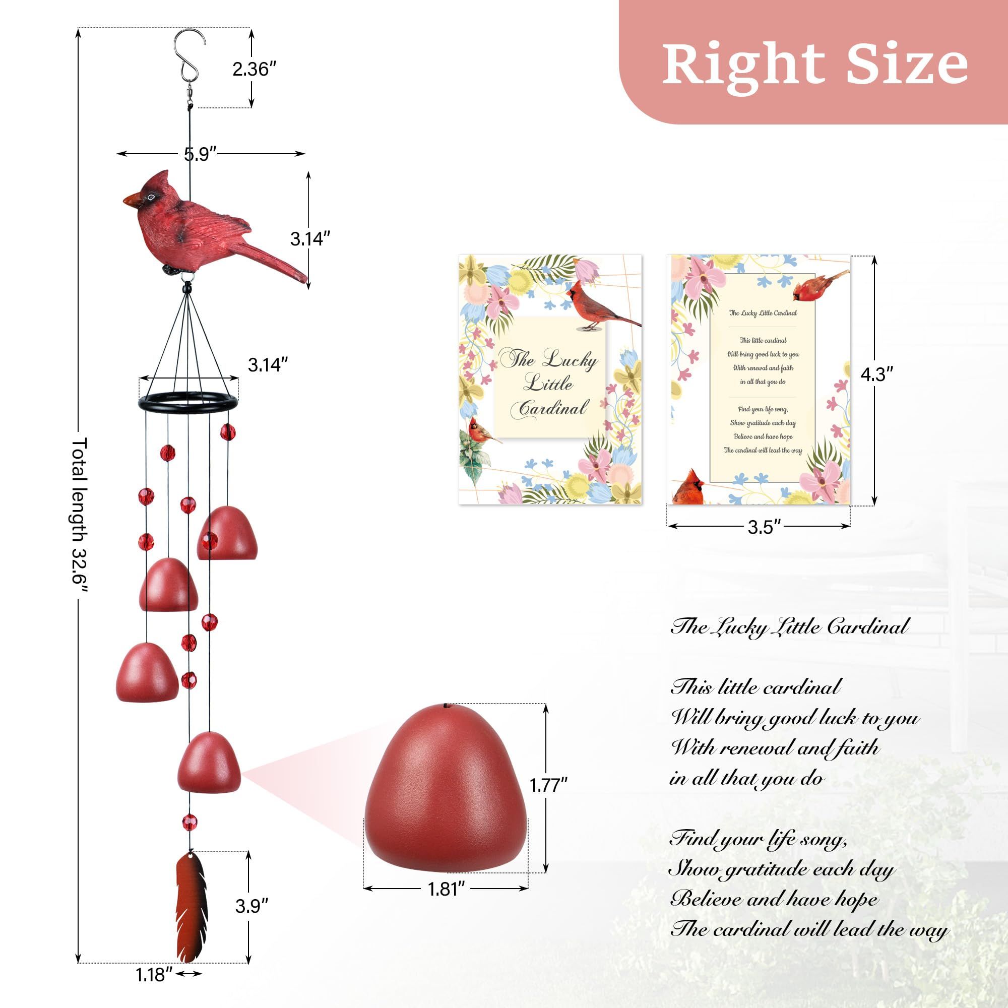 Red Bird Wind Chimes Indoor Resin Decorative Metal Hanging Bells Wind Chime,Gifts for Women Mom Wife (Red) — image 3