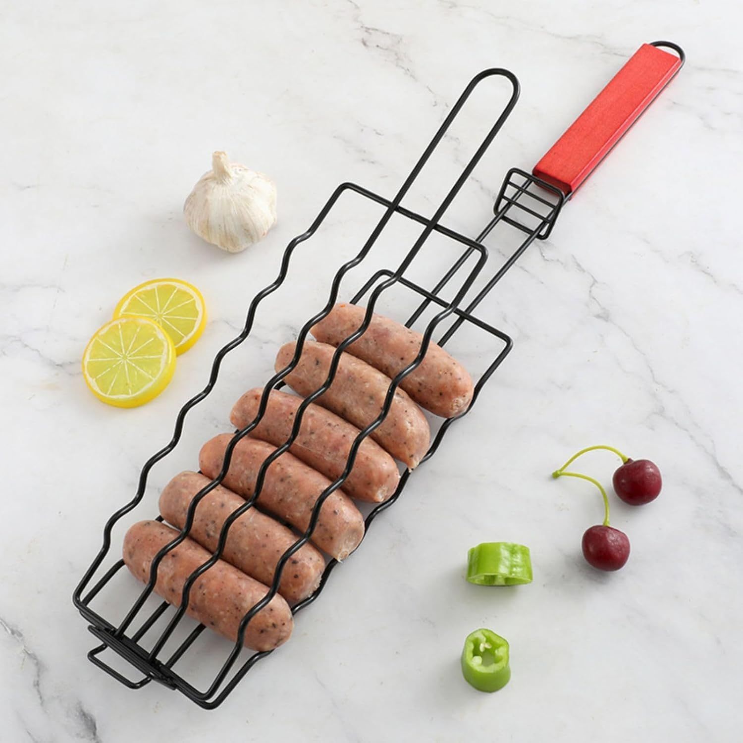 Hot Dog Holders for Grilling,6 Hotdog BBQ Basket Stainless Steel Barbecue Mesh Clip, Removable Heat-Resistant Wooden Handle for Sausages, Steak, Vegetables โ image 2