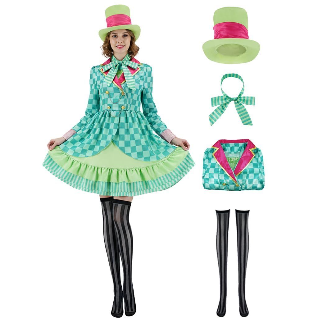 Hatter Costume Women Mad Tea Party Halloween Cosplay Dress with Bowtie Top Hat Leggings Mardi Gras Parade Outfits - Green - Size XS