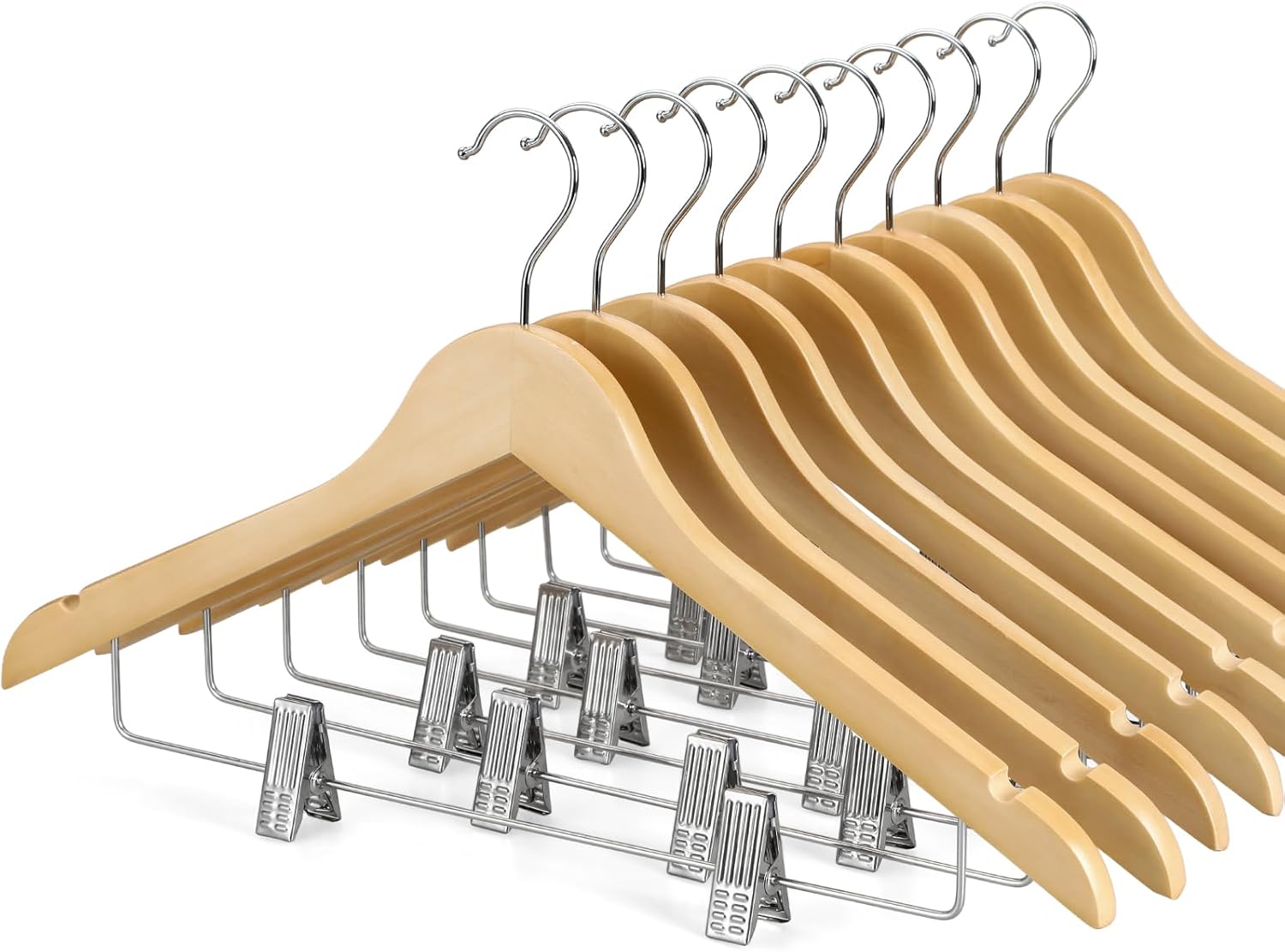 TOPIA HANGER Wooden Hangers with Adjustable Metal Clips and 360° Swivel Hook, Premium Wood Clothes Hangers 10 Pack for Suit, Pant, Skirt, Jeans, Coat
