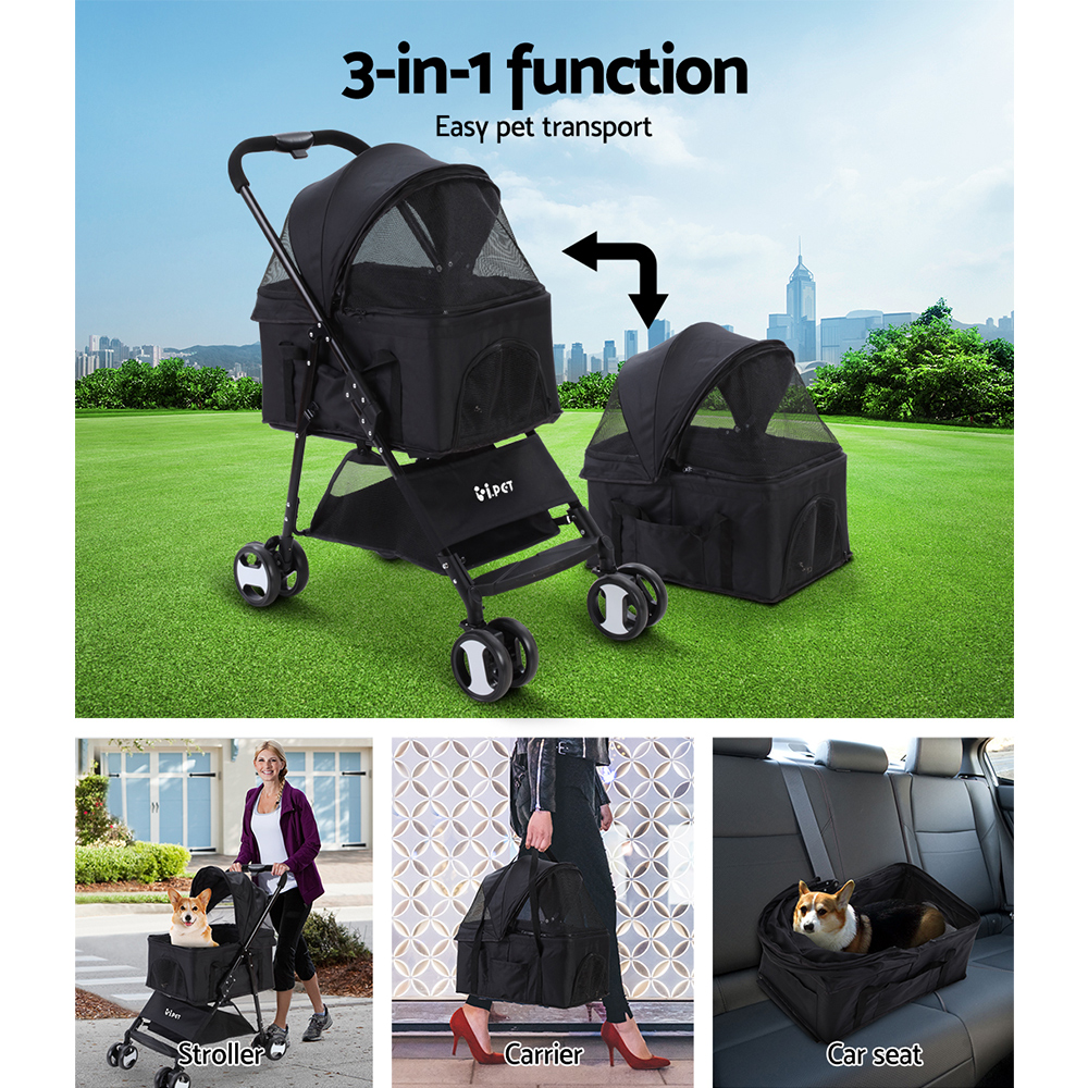 i.Pet Pet Stroller Dog Pram Cat Carrier Travel Large Pushchair Foldable 4 Wheels Black โ image 4