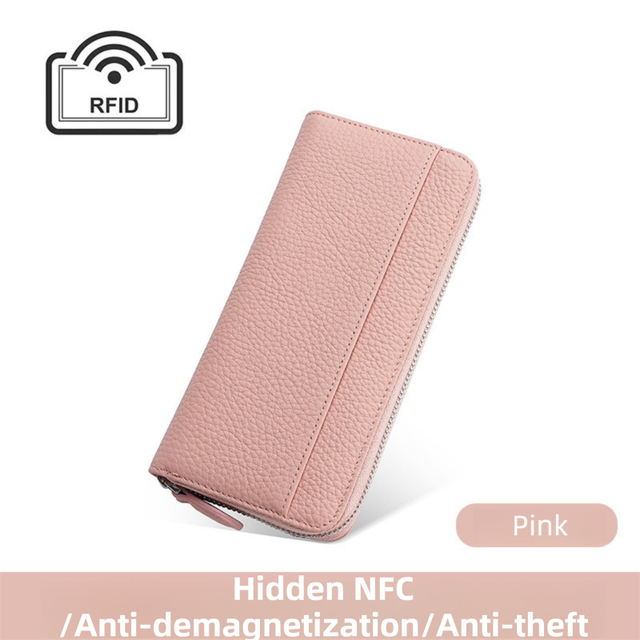 Pink Genuine Leather Women's Long Wallet with RFID Blocking & Hidden NFC - Large Capacity Phone Purse with 180° Zipper Closure, 18 Card Slots, Coin/Cash