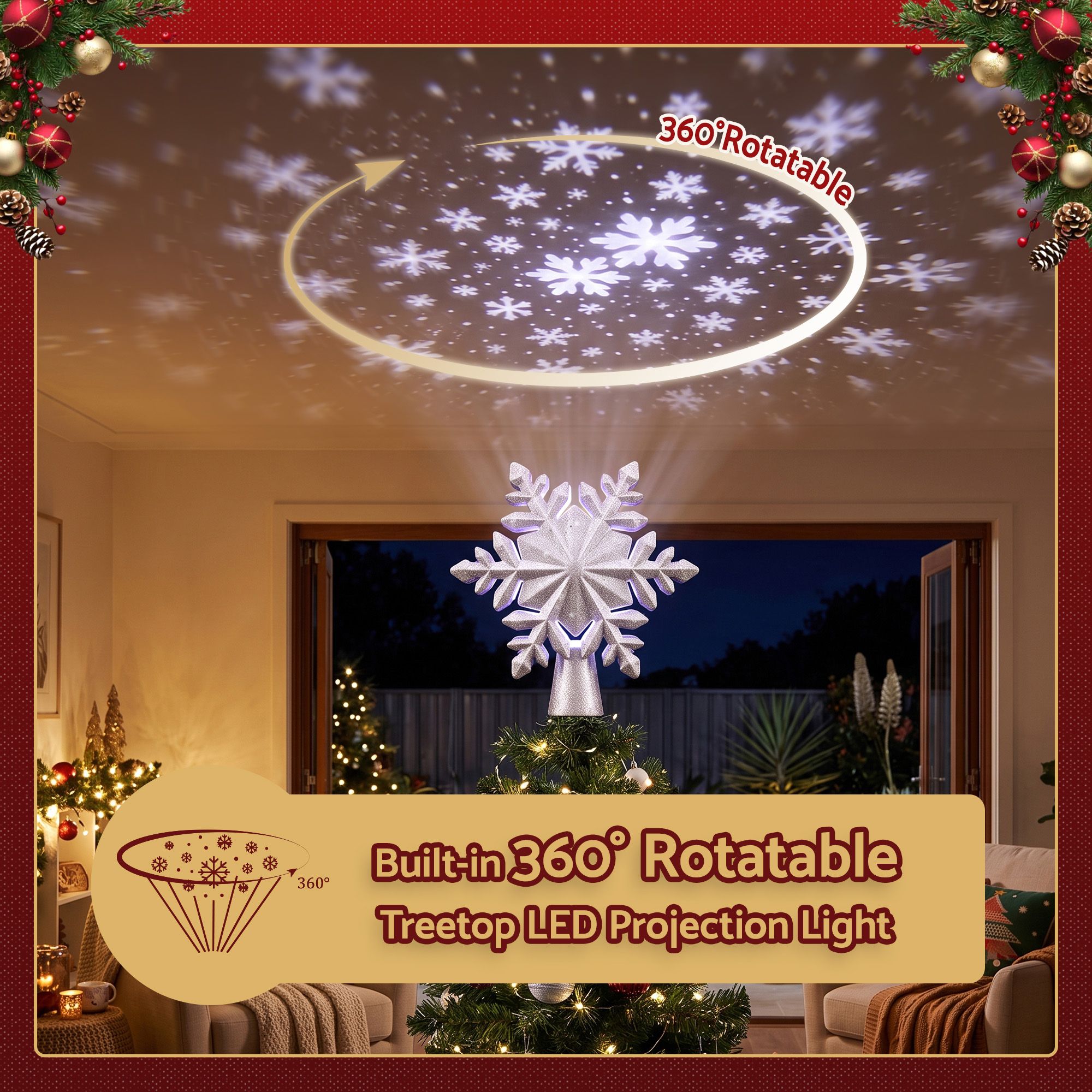 Jingle Jollys Christmas Tree Topper Lighted 360° Rotating Snowflake Projector Silver Glitter — image 6