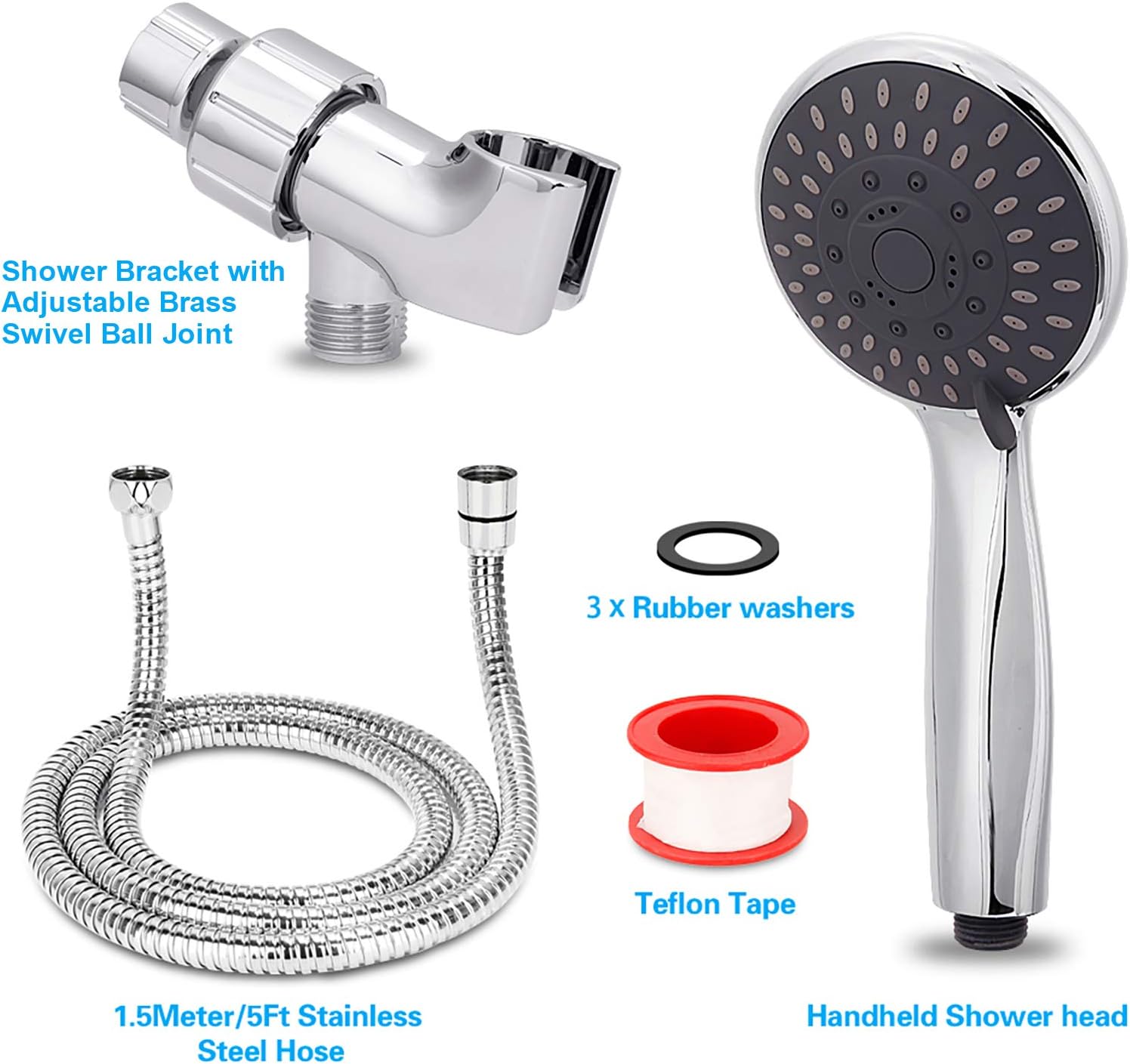 High Pressure Handheld Shower Head 5-Settings Powerful Water Spray Shower Head against Low Pressure Water Flow with Stainless Hose and Adjustable Mount — image 3