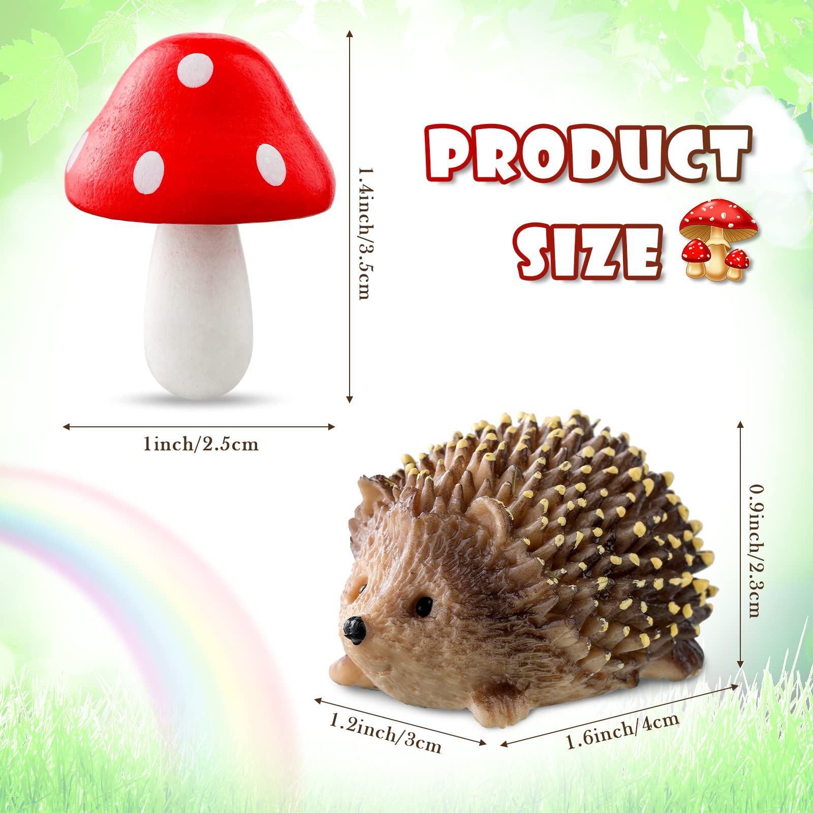 Resin Hedgehogs & Wood Mushroom Sculpture, Fairy Wild Garden Supplies, 6 Pieces, Red, Handmade Decor โ image 2
