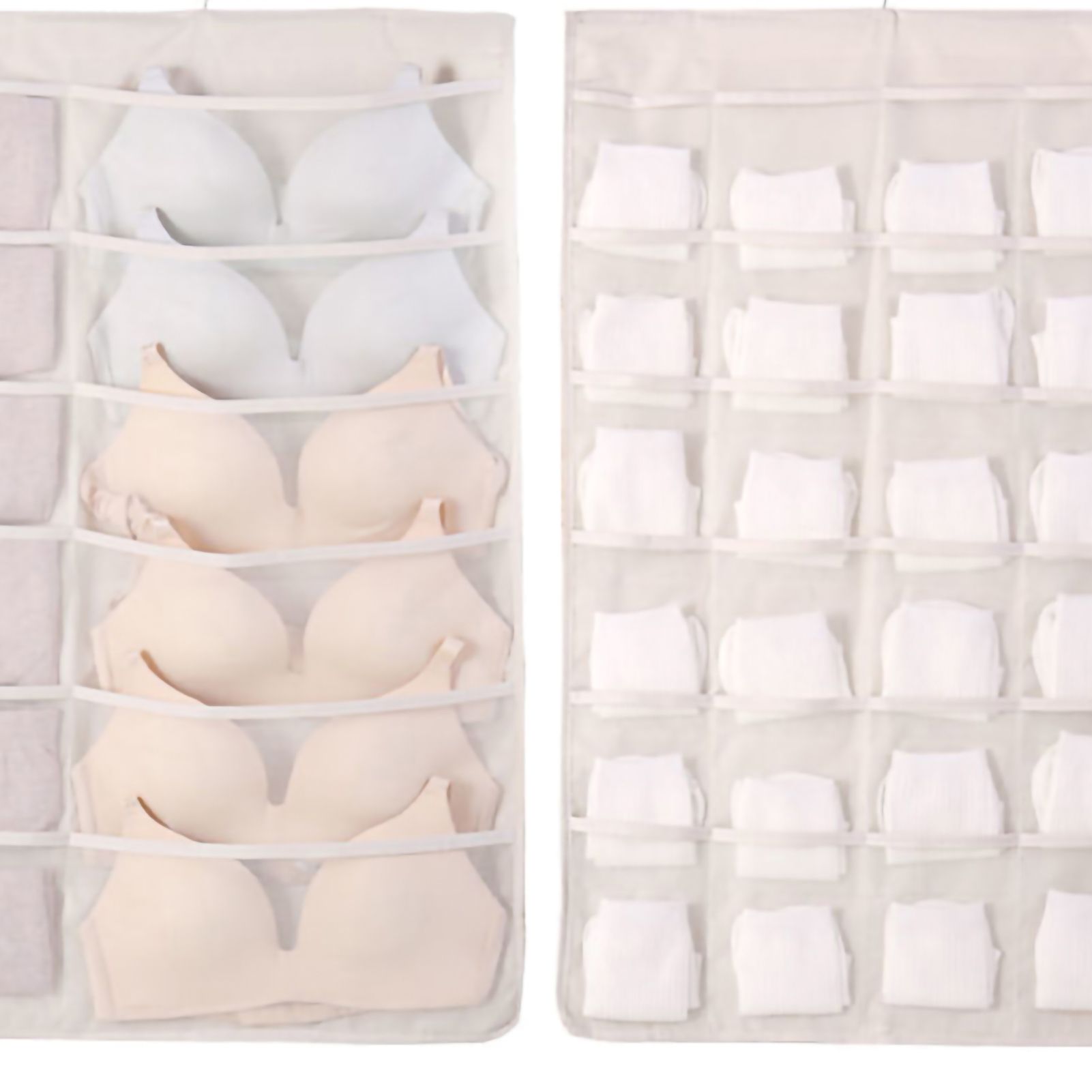 Hanging Bra Organizer Oxford Fabric Double Sides Breathable Large Capacity Underwear Storage Organizer for Bra Socks Beige, Front 12, Back 24 — image 5
