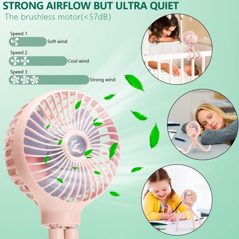 Mini Handheld Personal Portable Fan, Baby Stroller Fan, Car Seat Fan, USB or Battery Powered, with Flexible Tripod Clip (Pink) — image 3