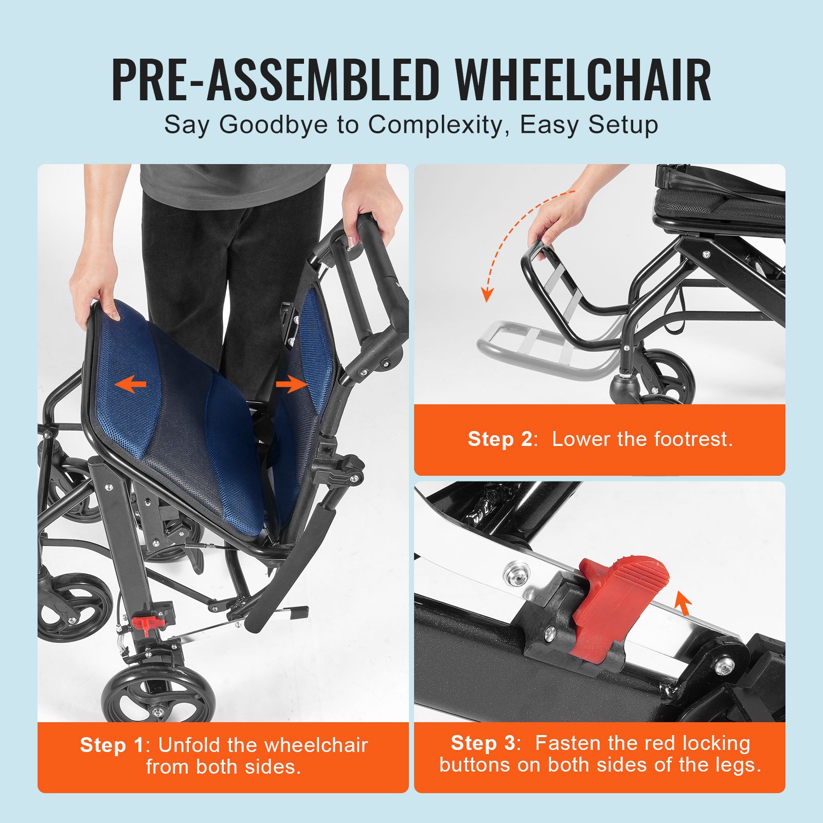 Wheelchair, Aluminum Alloy Ultra-Lightweight Transport Chair for Adults, Foldable Cabin Wheelchair with Flip-Back Desk-Length Arms, Self-locking Brake — image 6