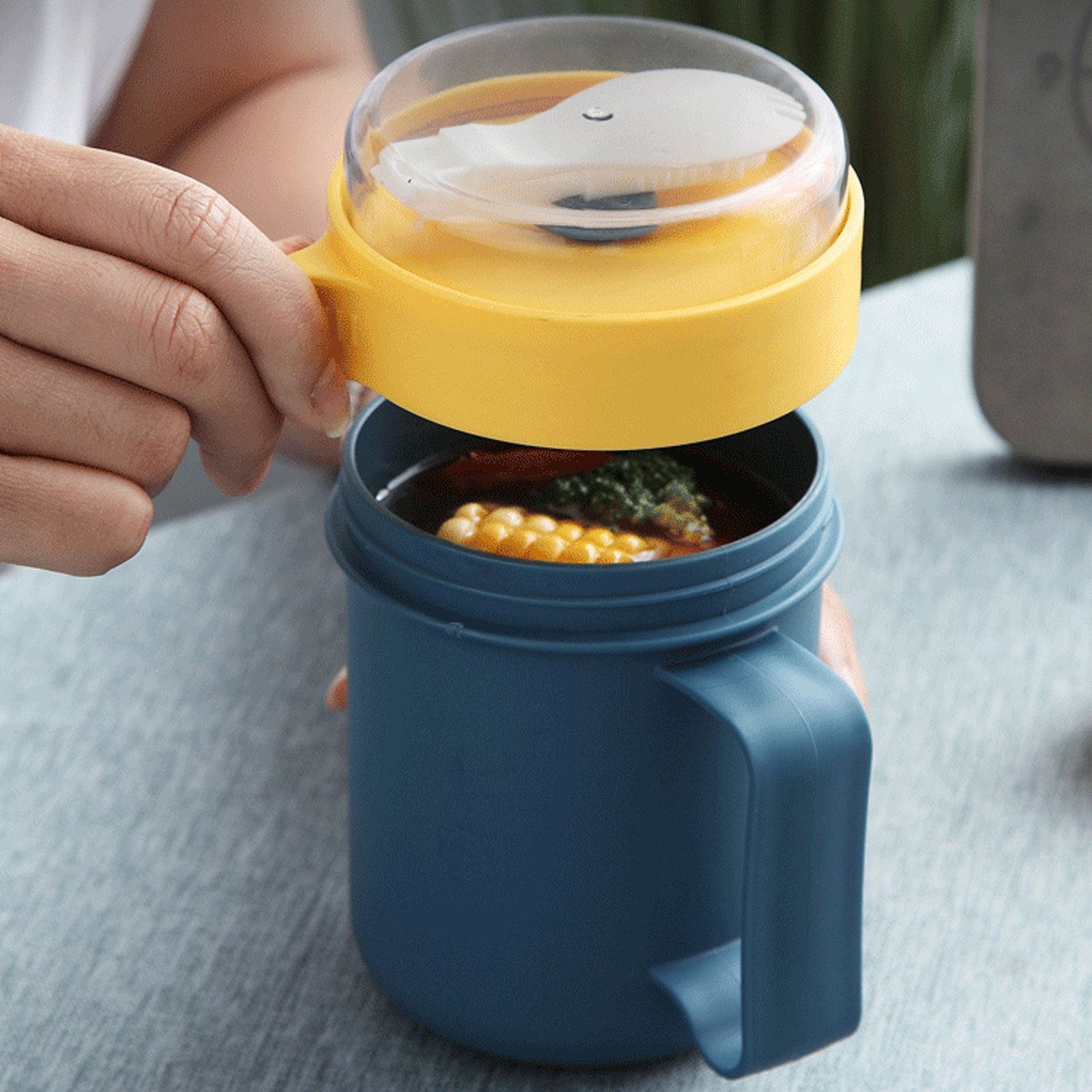 500ML Soup Cup Portable Steady Plastic Insulated Soup Containers with Lid and Spoon for Office School 500ML Blue โ image 5