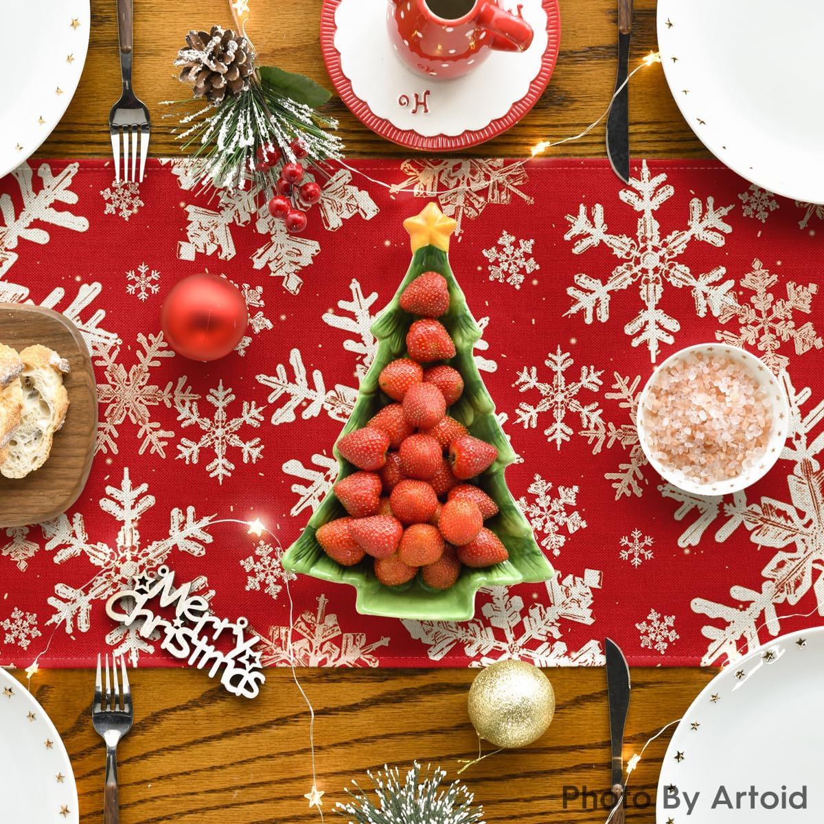Red Snowflakes Christmas Table Runner, Winter Holiday Kitchen Dining Table Decoration for Home Party Decor 13x72 Inch โ image 4