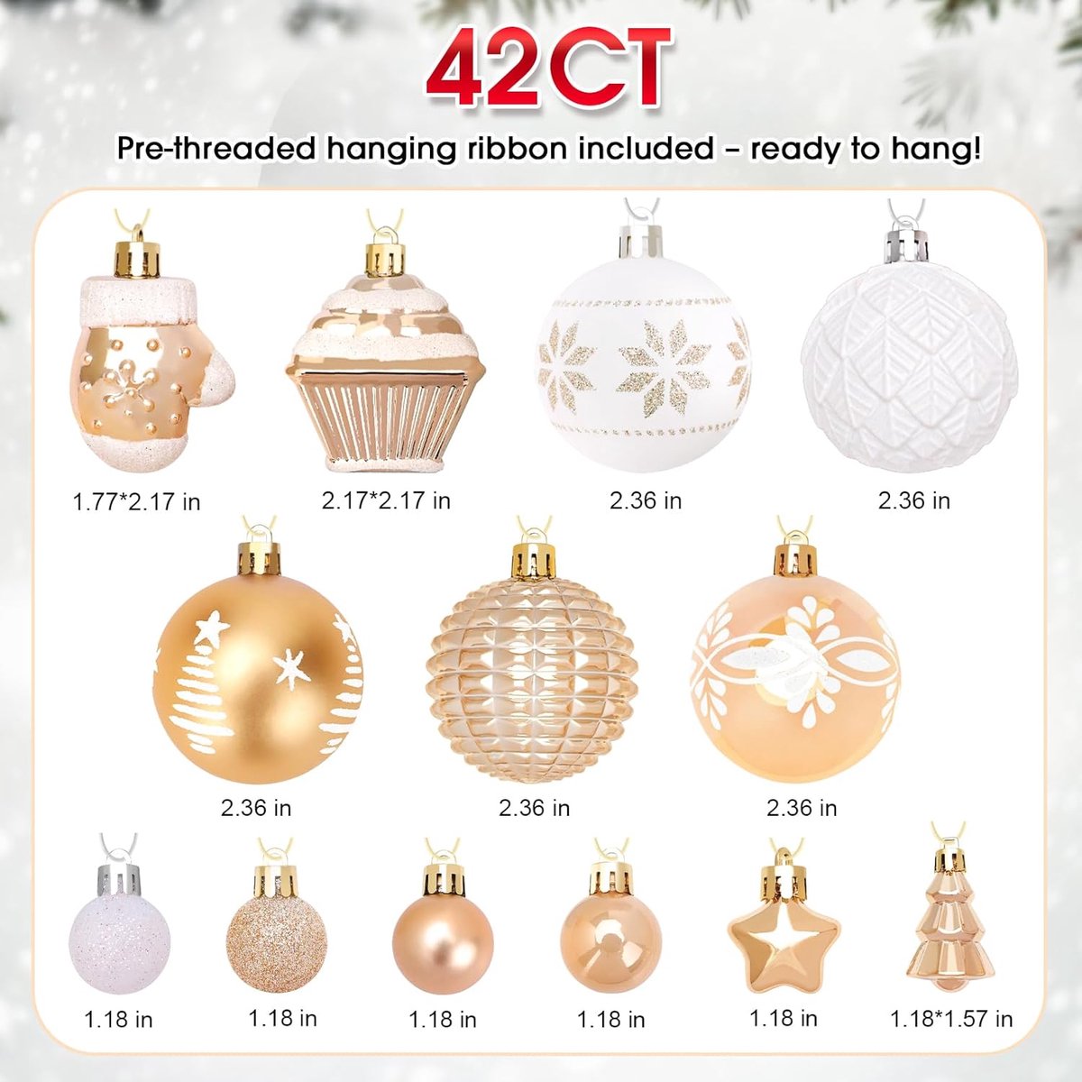42 Christmas Tree Ornaments - Unbreakable Baubles - Various Styles for Christmas Tree Ornaments - Indoor Christmas Decorations for Home and Parties - Gold and — image 5