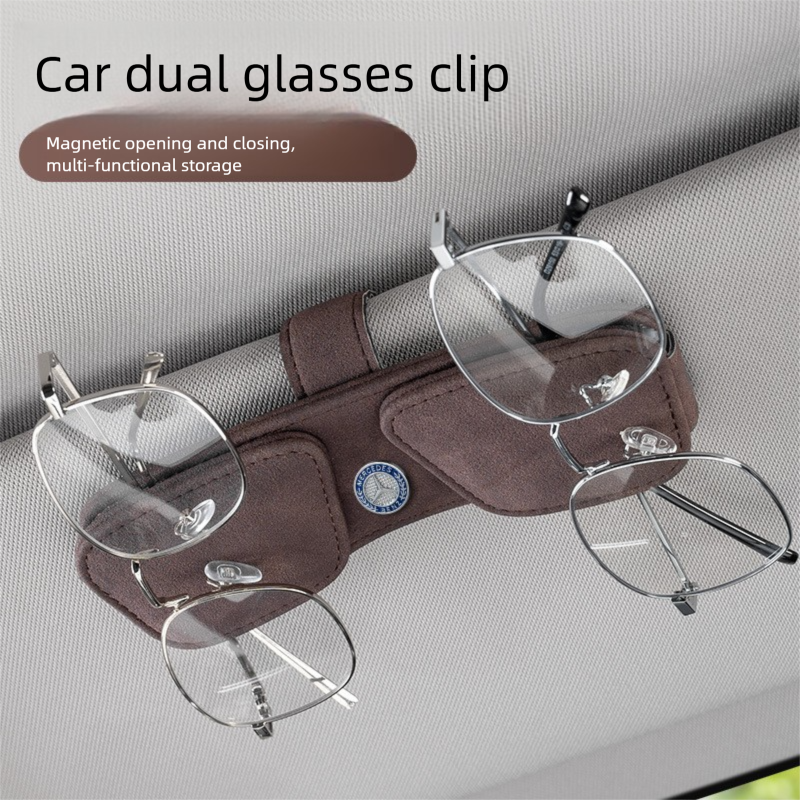 Brown Car Sun Visor Sunglasses Holder – Magnetic Dual Clip Organizer with Suede Finish, No-Drill Mounting for Glasses, Cards & Tickets — image 6