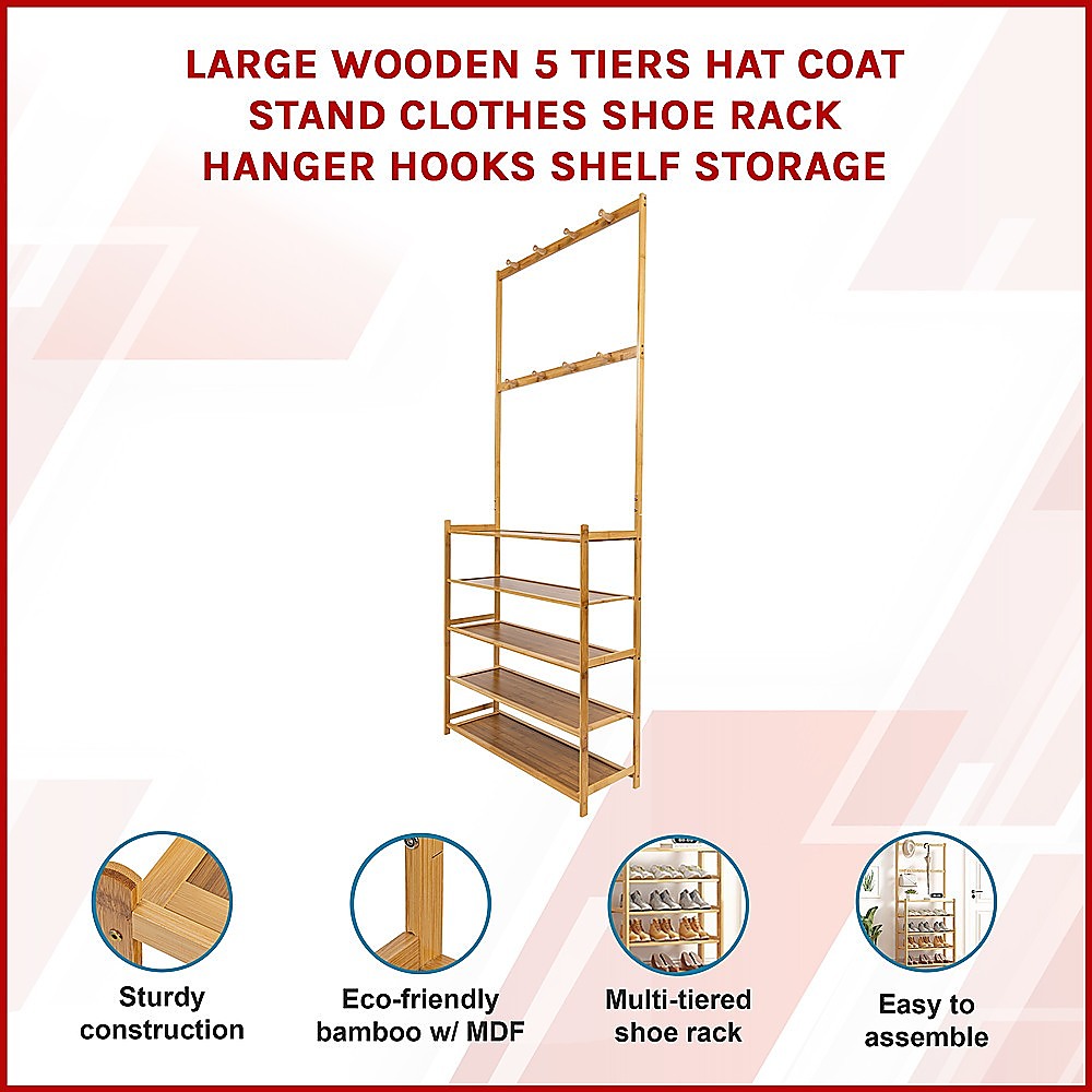 Large Wooden 5 Tiers Hat Coat Stand Clothes Shoe Rack Hanger Hooks Shelf Storage โ image 3